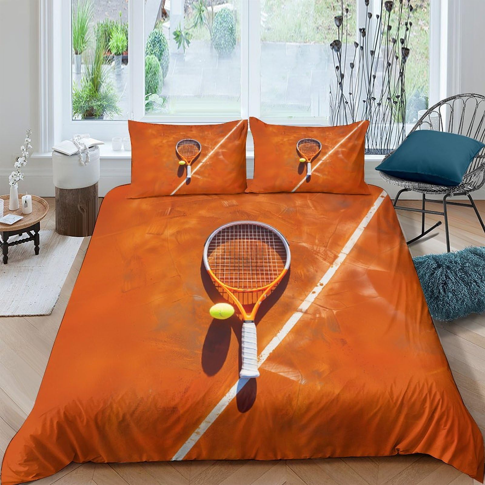 Ctjqhvkz Style-3 3D Printed Clay Court Tennis Racket Fitted Sheet Microfiber Soft Orange Bed Cover For Bedroom Dorm Decor Single（135X200cm）