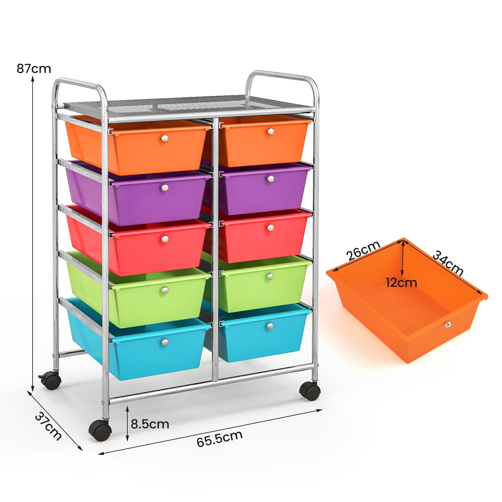KOMFOTTEU Chariot de Rangement à 10 Tiroirs, Meuble Tiroir à Roulettes verrouillage, Chariot en plastique, Chariot organisateur, pour Bureau, Salle de Bains, Salon (Coloré)