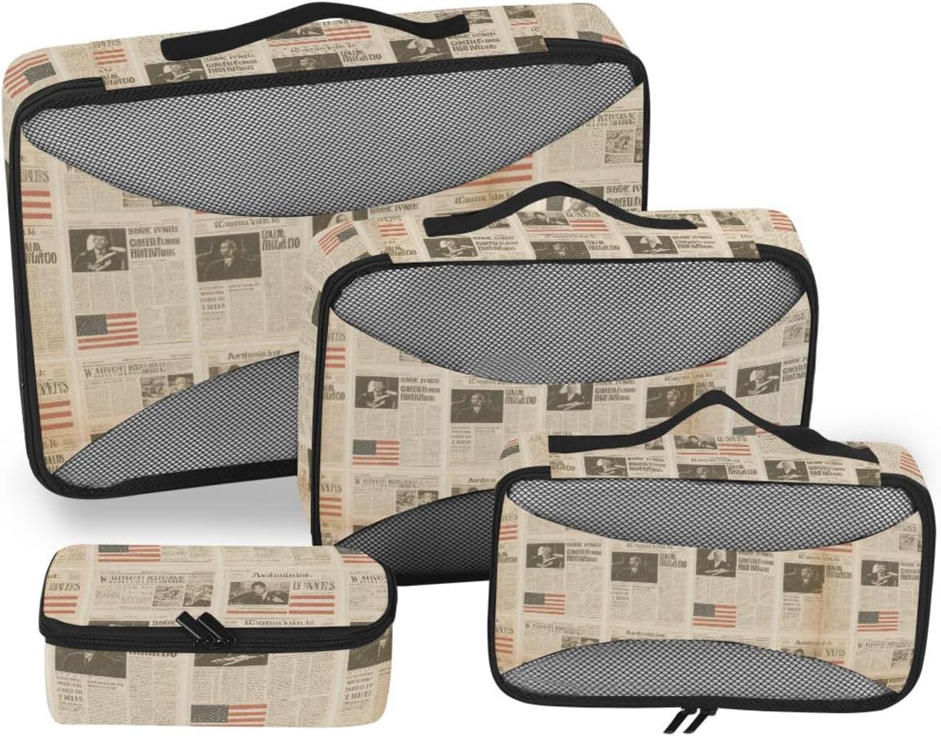 Brown Vintage American Newspaper 4 Pcs set travel organizers for Mesh Travel Essentials expandable packing cubes compression