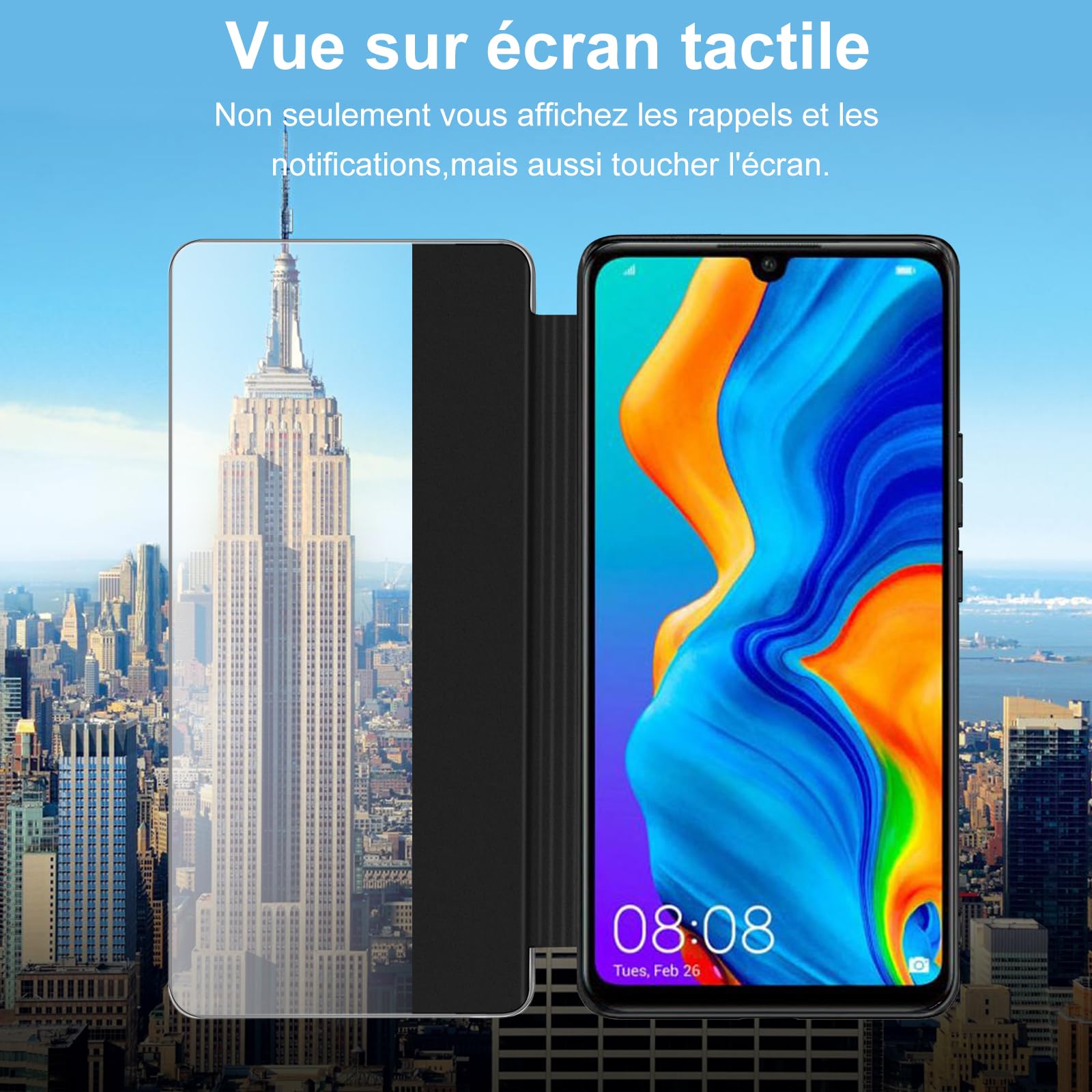 Coque pour Huawei P30 Lite Clear View Cover Coque pour Huawei P30 Lite Etui Cuir à Rabat Clapet Protection Case Flip Cover Folio Silicone Mince, Douce 360 Full Body Antichoc Housse