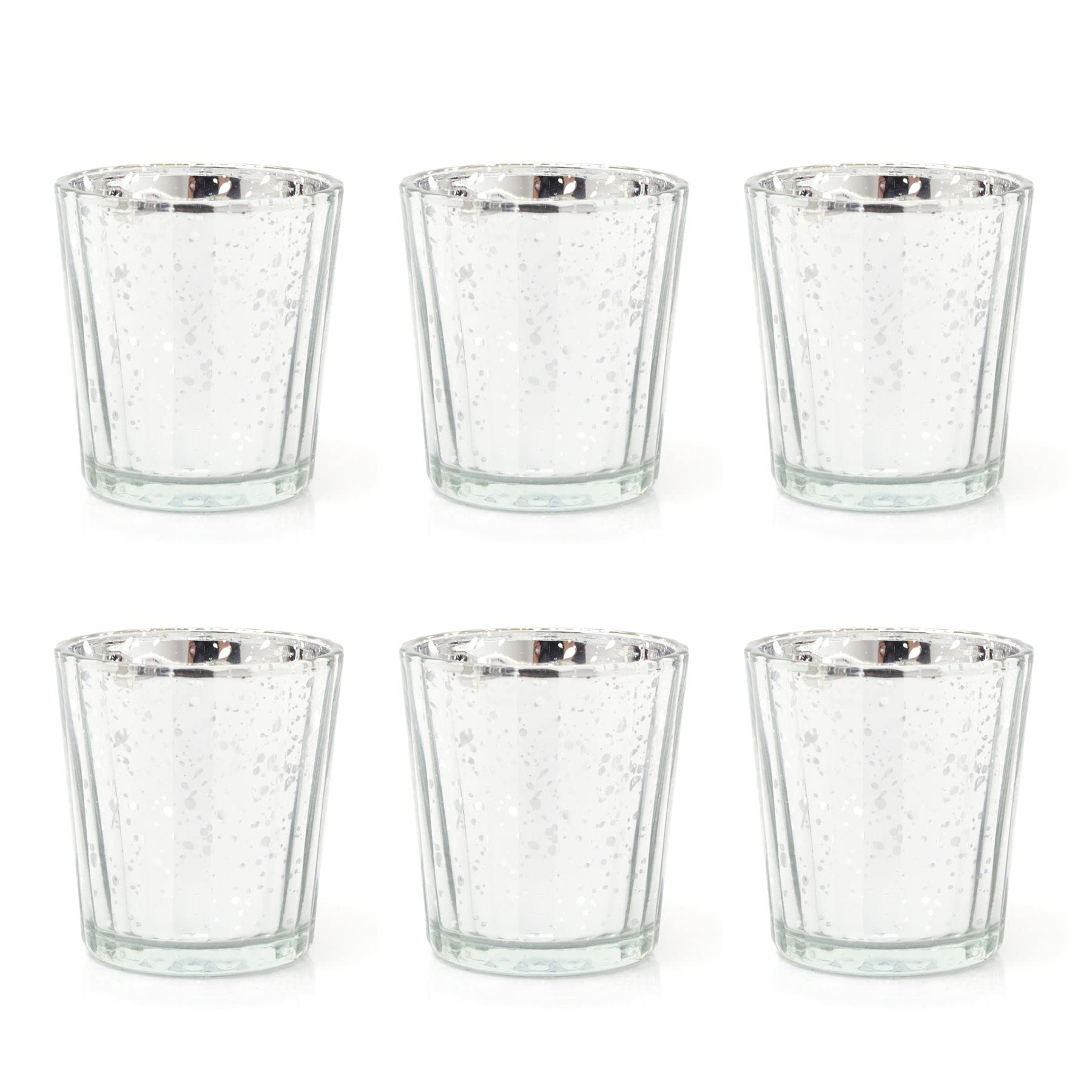Pack Of 6 Silver Mercury Effect Glass Tealight Holder | Round Silver Speckled Tealight Holder | Ribbed Glass Votive Candle Holder Candle Pot