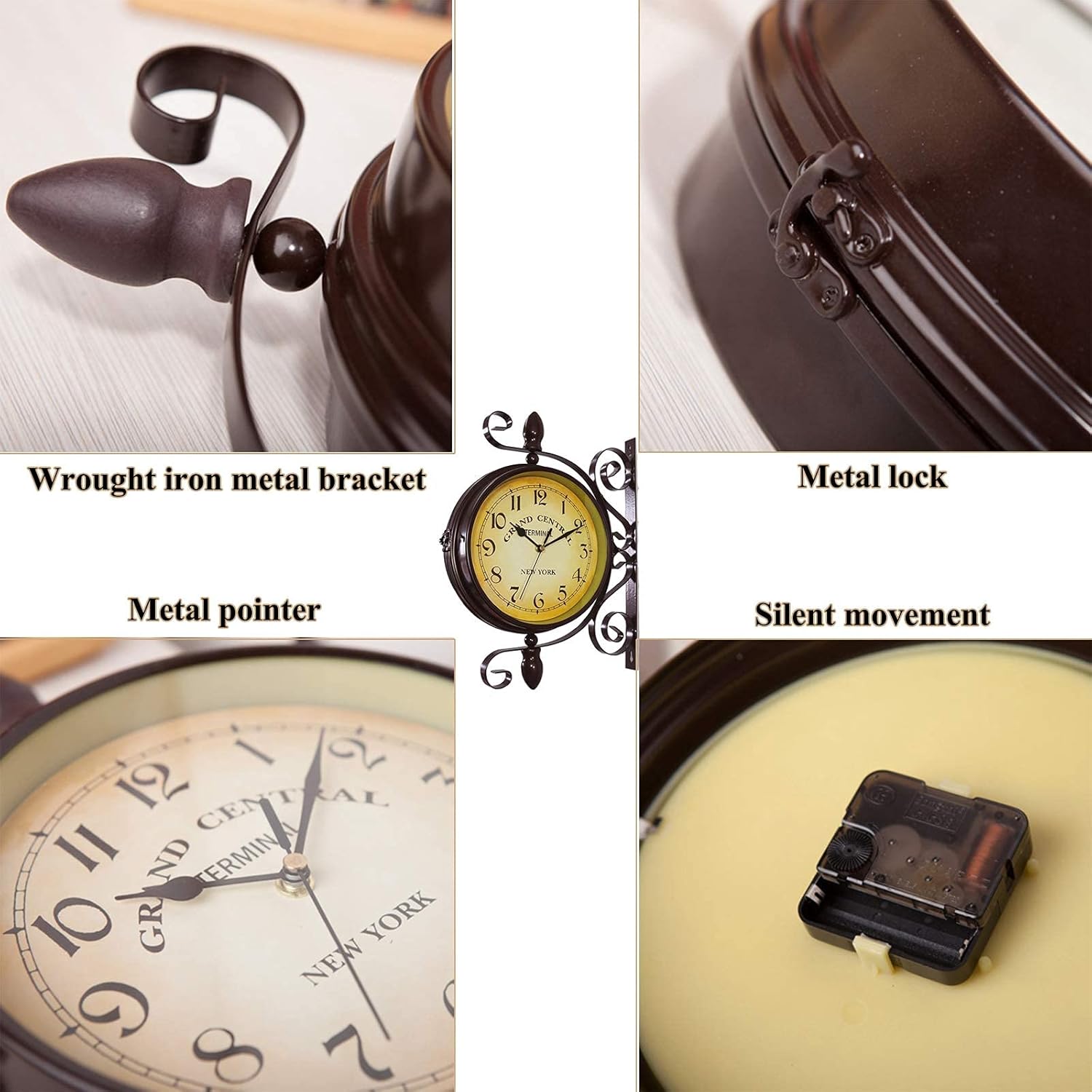 SBTXHJWCGLD Outdoor Garden Wall Clock, 15 Inch Classical 360°Rotation Double Sided Train Station Clock with Station Bracket Garden Clock Indoor Outdoor Decoration Waterproof Outdoor Clock