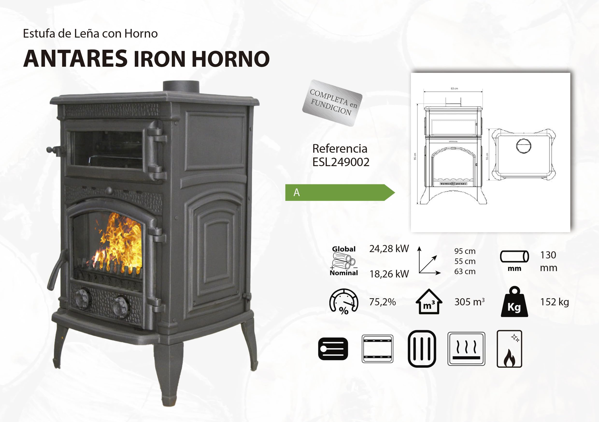 EIDER BIOMASA – ANTARES IRON HORNO- Hogar de Leña en Fundición Hidro 45.94 kW - Compacto 53x53x69 cm - hasta 365 m³ - Eficiencia Energética Clase A - Entera en fundición con horno