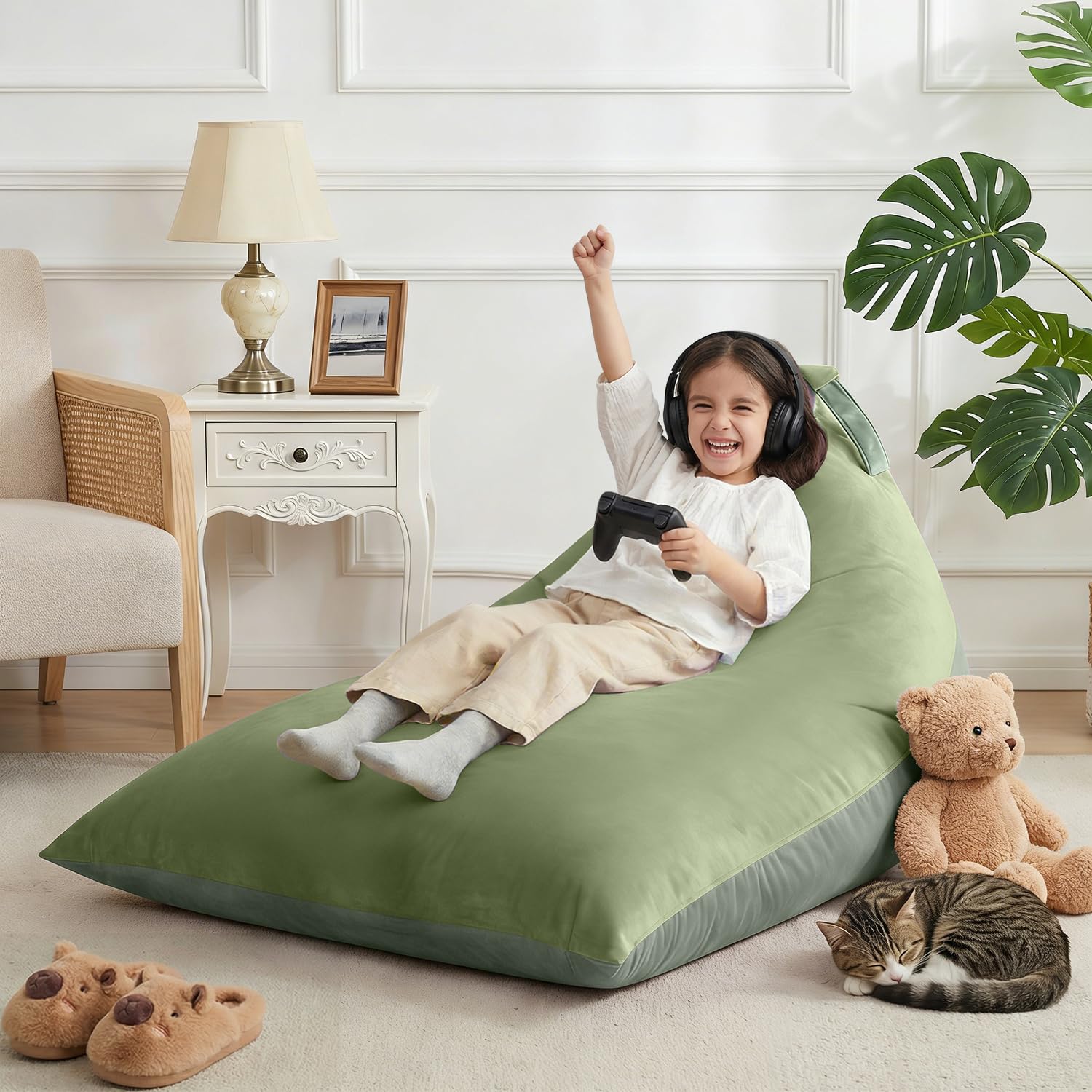 Fodera per poltrona sacco (senza imbottitura) per adulti, extra large triangolare da 250 l, lavabile, senza imbottitura, ultra morbida, rivestimento in velluto di alta qualità (verde)