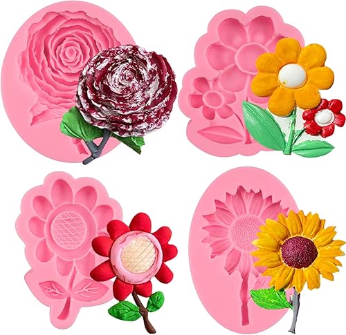 Moldes de fondant de flores para decoración de pasteles, 4 piezas, moldes de silicona para dulces de girasol, rosa, chocolate, para cupcakes,