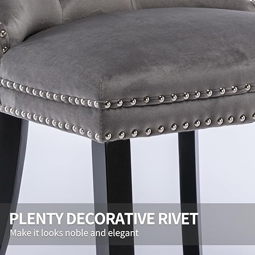 Miniatura 6 de Juego de 4 sillas de cocina modernas de terciopelo gris con anillo trasero, con patas de clavo, patas de madera maciza, tapizadas, sillas de mesa