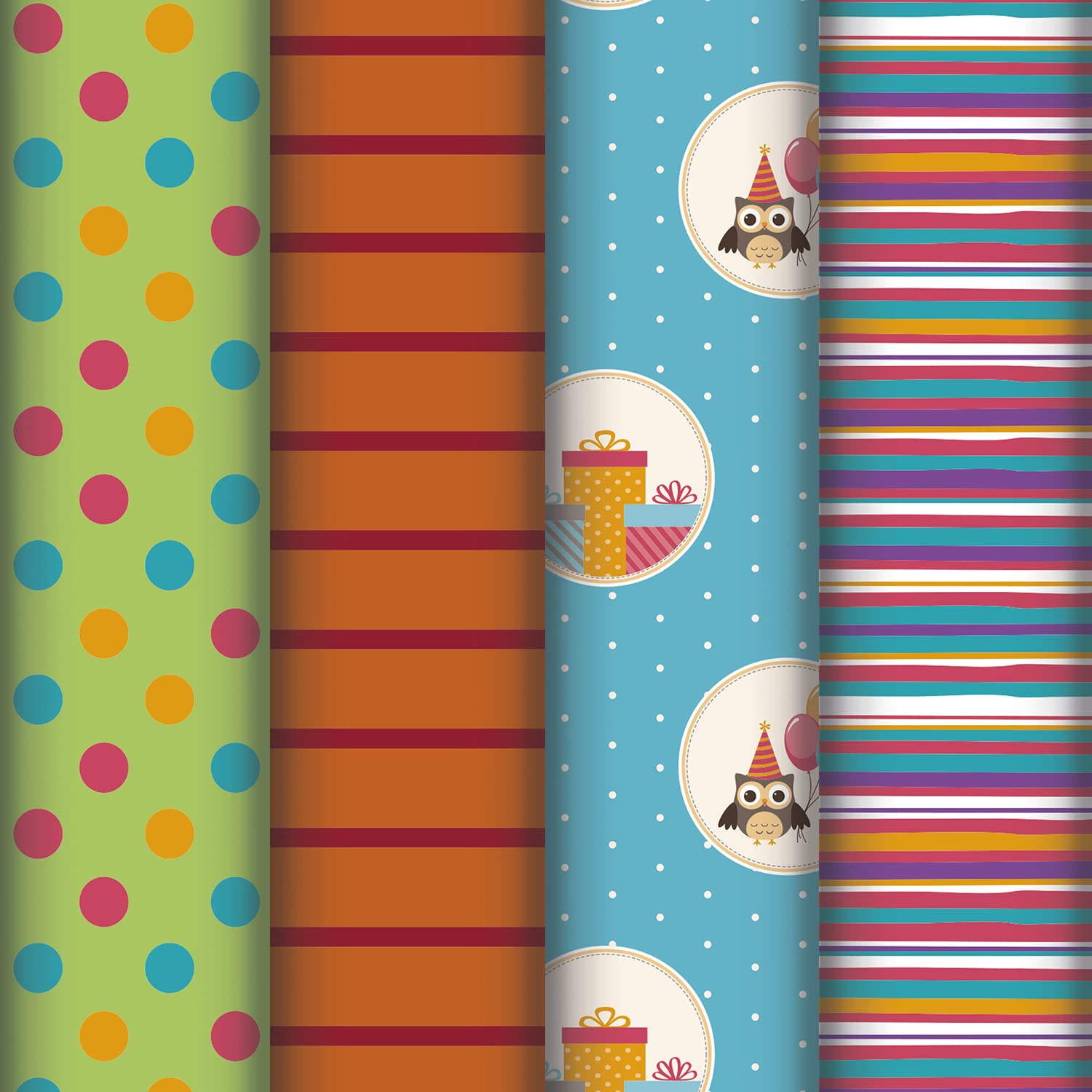 Clairefontaine 211400AMZC - Un Carton De 10 Rouleaux De Papier Cadeau - Papier Excellia 80g - Dimensions : 5x0,70m - Motif : Hiboux, Enfant, Rayures, Multicolor - Emballage Cadeau