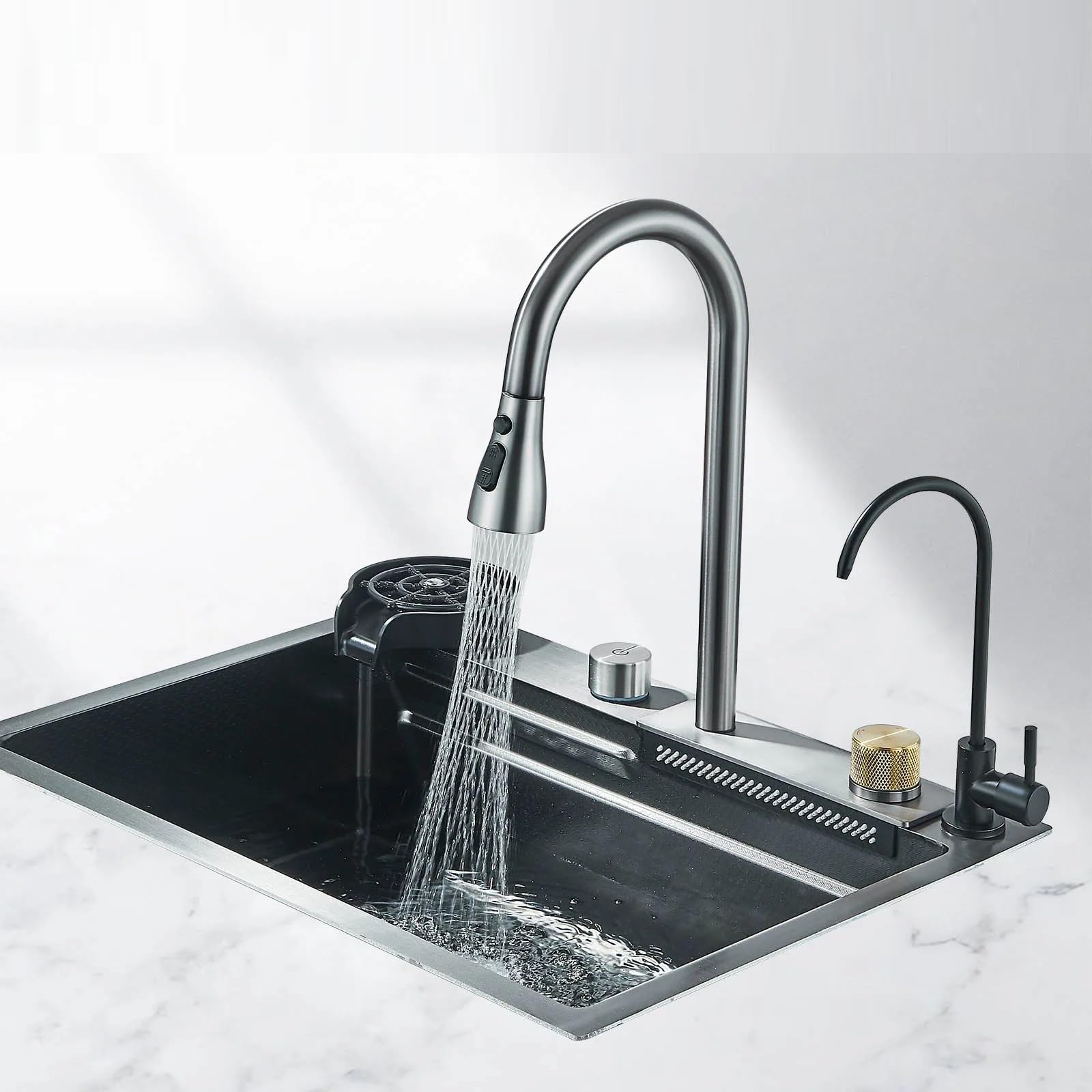 Küchenspüle aus Edelstahl mit Becherspüler, Wasserhahn, großer Einzelschüssel mit Seifenspender, Wasserfall- und Regenfunktion, 4-Funktionen System, Spülbecken Spüle 60x45cm