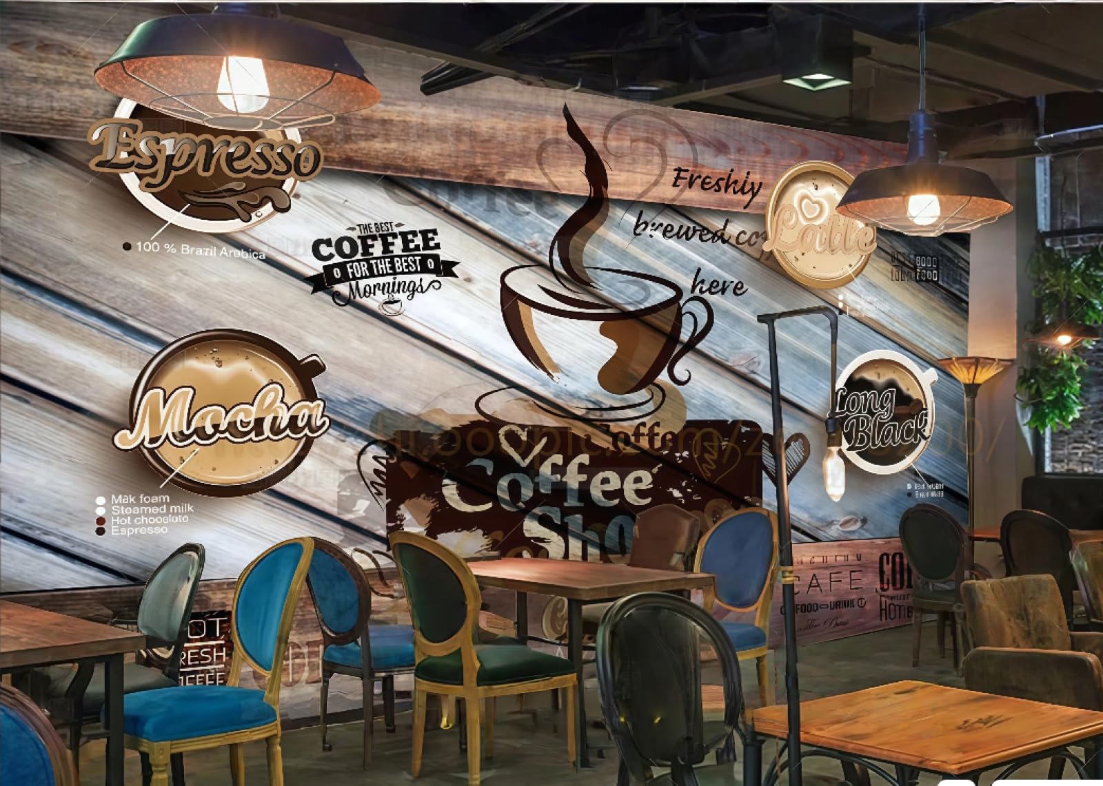 rskjdghshd Wallpaper Retro Wooden Board Hand-Painted Coffee Letters Theme Dessert Shop Western Restaurant Background Wall Mural Afternoon Tea Coffee Shop Wallpaper,3D,150x105cm
