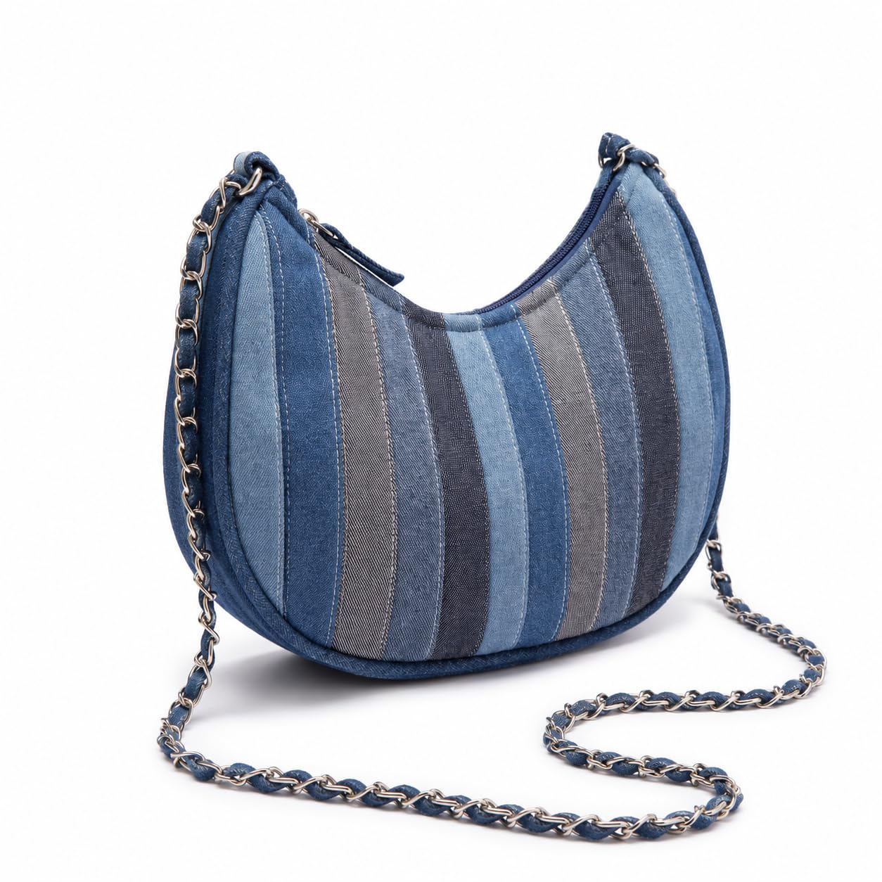 Denim Sling Bag for Women | Mini Hobo Crossbody Bag with 50-Inch Metal Chain Strap | Small Shoulder Purse for Girls | Indigo Striped | 9 x 5.5 x 2.5 Inches-image-43