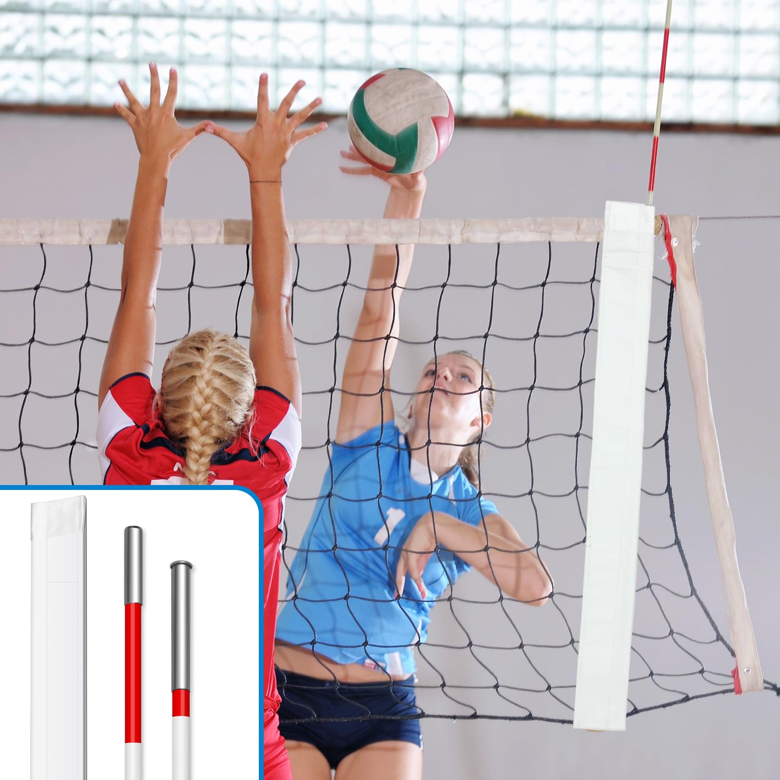 Shappy Juego de 4 antenas de voleibol con funda, red de voleibol, antenas de red plegables, equipo de árbitro de voleibol con postes, antenas de voleibol rojas y blancas
