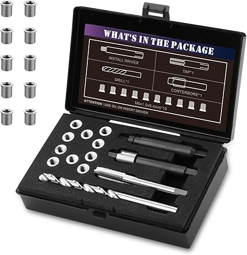 SENNMONN Kit de reparación de rosca M6X1.0 con taladro HSS de inserción de 0.370 in, grifo, controlador de instalación, avellanado, inserto de acero