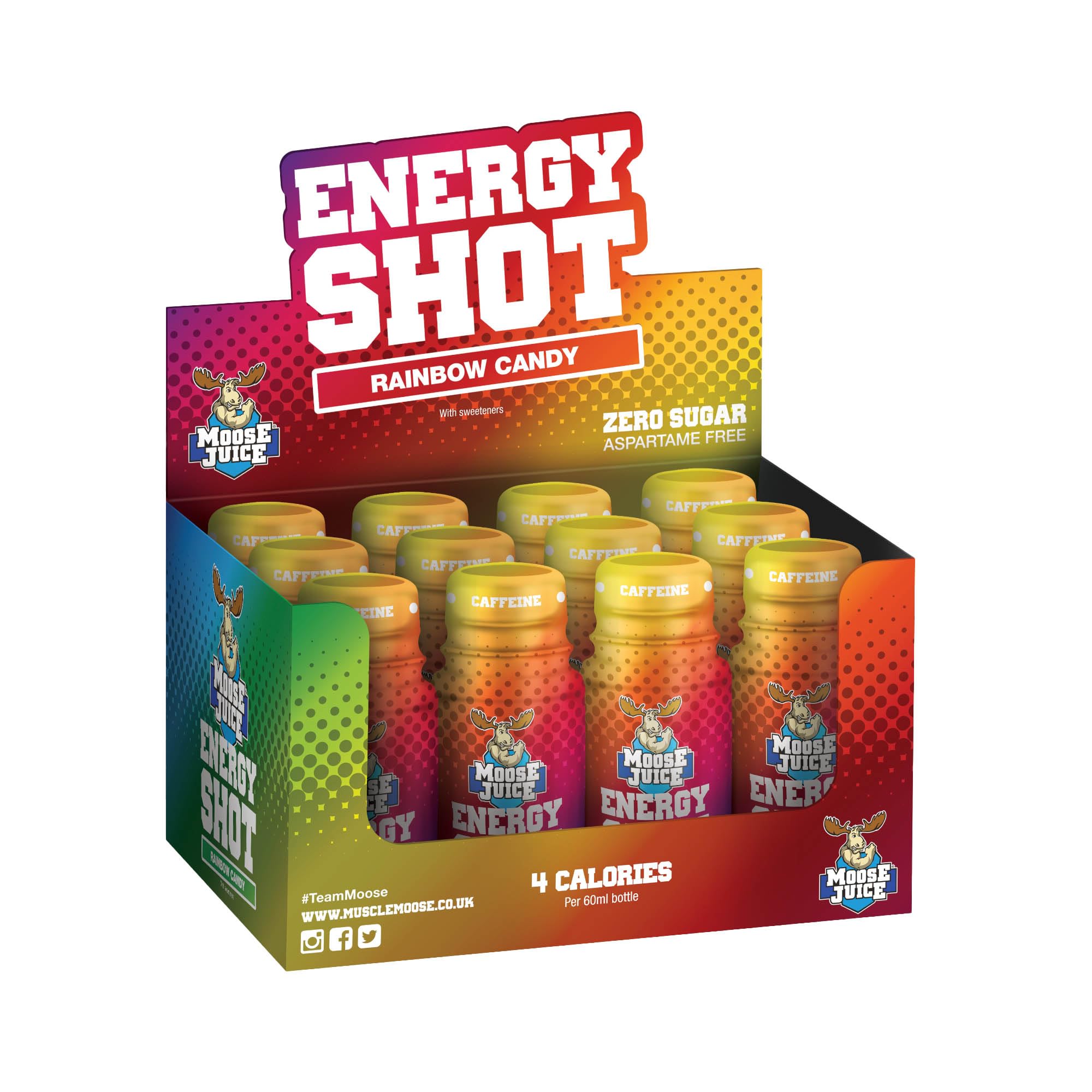 Moose Juice Energy Shots | Caffeine Drink, BCAA & B Vitamins, Zero Sugar, Aspartame-free, Rainbow Candy, 60ml (12 Shots)