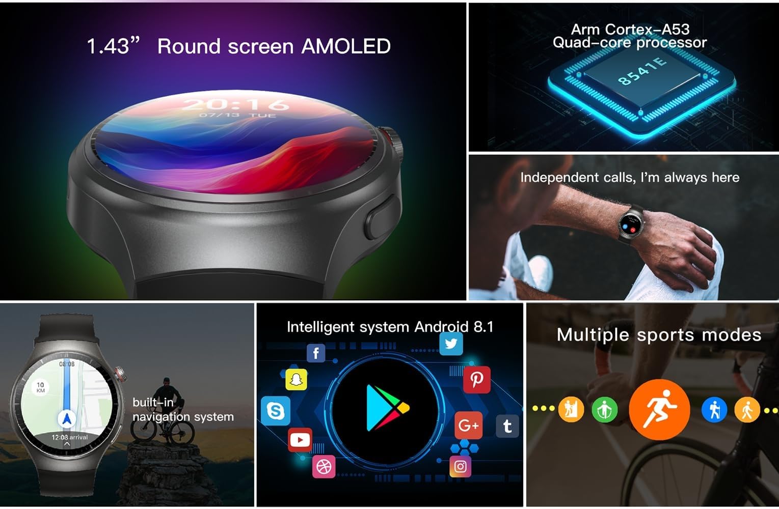 AIEK 4G Android Smartwatch Telefoon GPS Sporthorloge, Real-time
