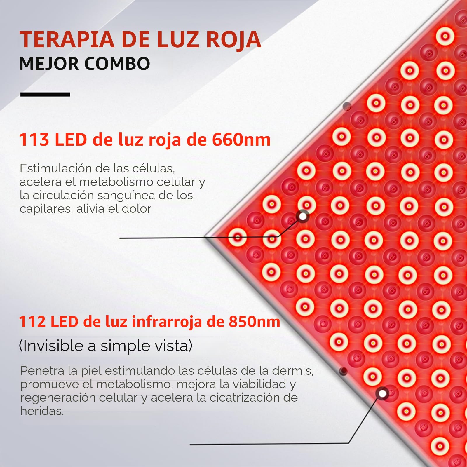 Dispositivo de terapia de luz roja, 45 W con 225 LED, infrarrojo cercano de 850 nm y rojo profundo de 660 nm para aliviar el dolor corporal y mejorar la calidad del sueño