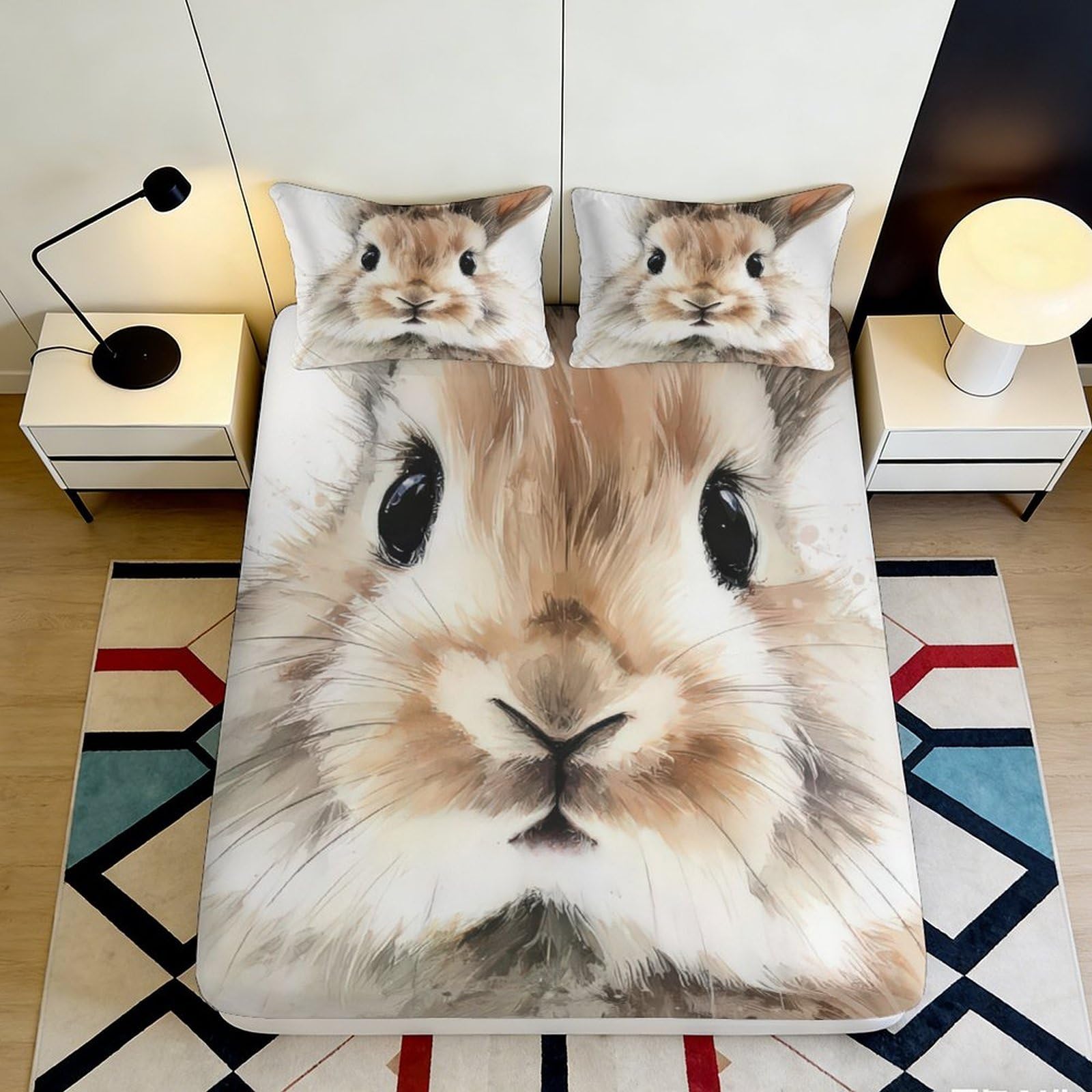 3D Printed Cute Rabbit Fitted Sheet Microfiber Soft Durable Cartoon Animal Bed Cover for Bedroom Dormitory Guest Room Mattress Protection Decor 180x200x25cm