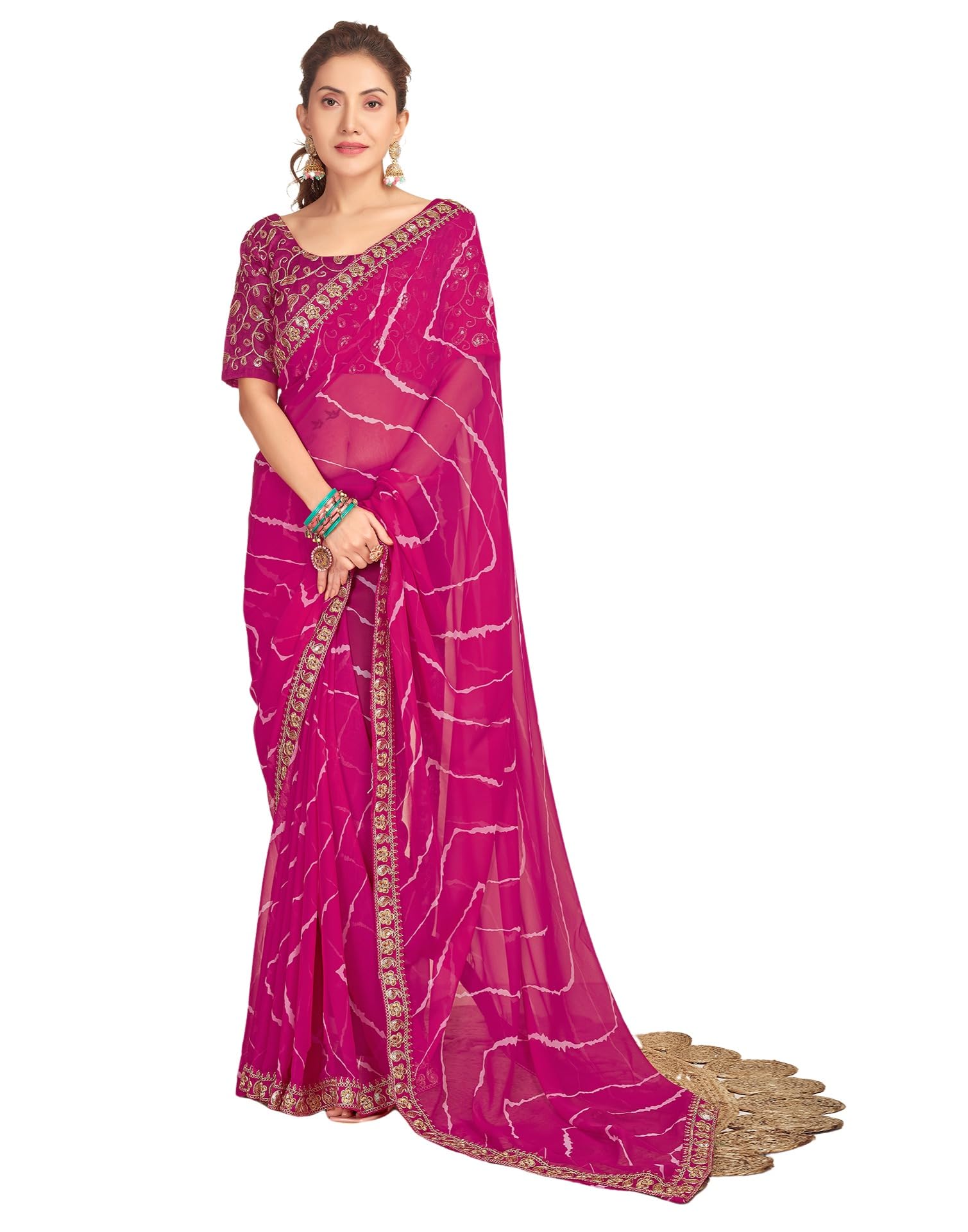 SIRIL Womens Georgette Leheriya Printed Sequence Embroidery Lace Boarder Saree With Unstitched Blouse Piece (3667S2552_Rani Pink) (B0DF5KWX61) Amazon Price History, Amazon Price Tracker