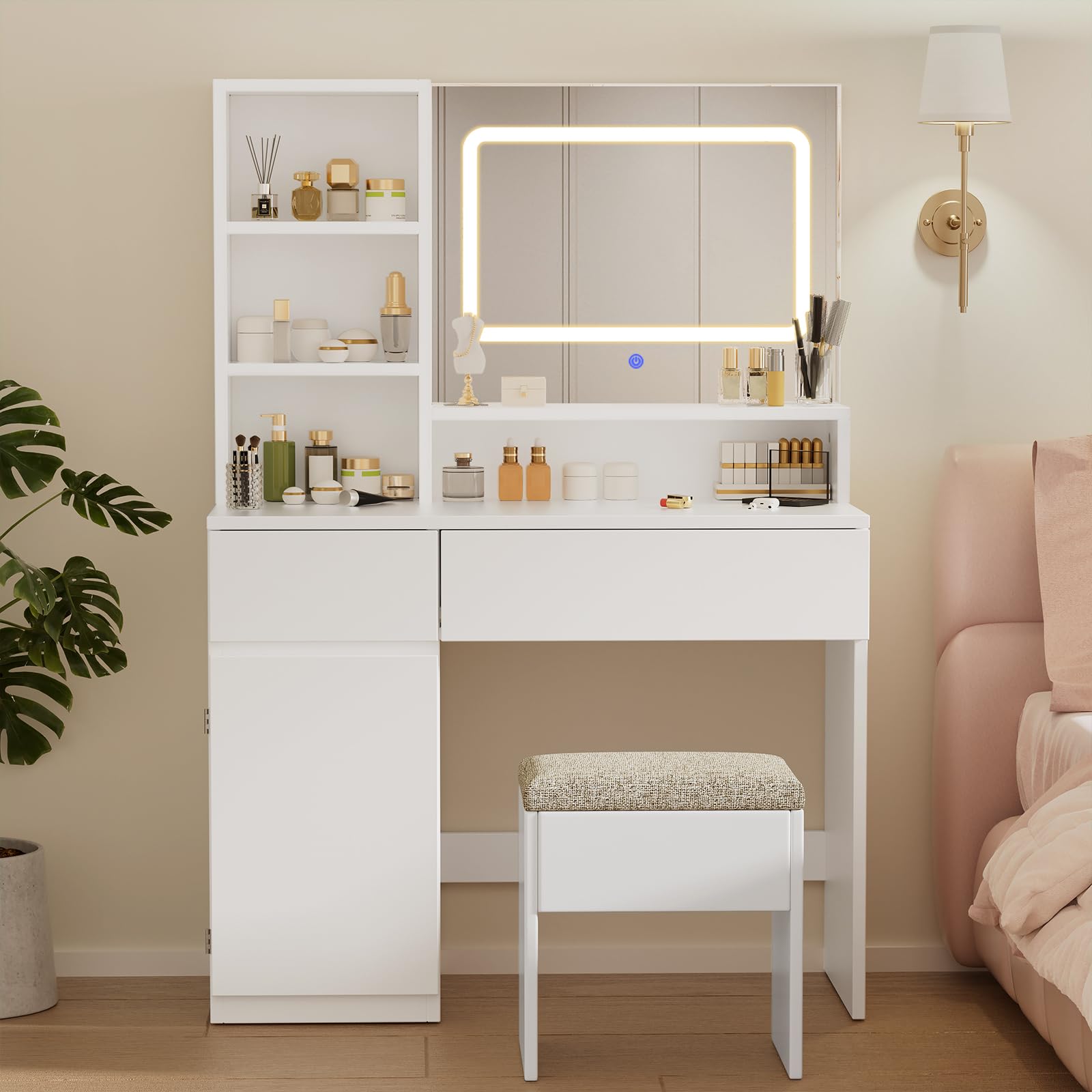 Devoko Toeletta Trucco con Specchio, Luci LED Regolabili, Ripiani Regolabili con 2 Cassetti，Postazione Trucco,Tavolo da Toilette Moderno in Legno Bianco