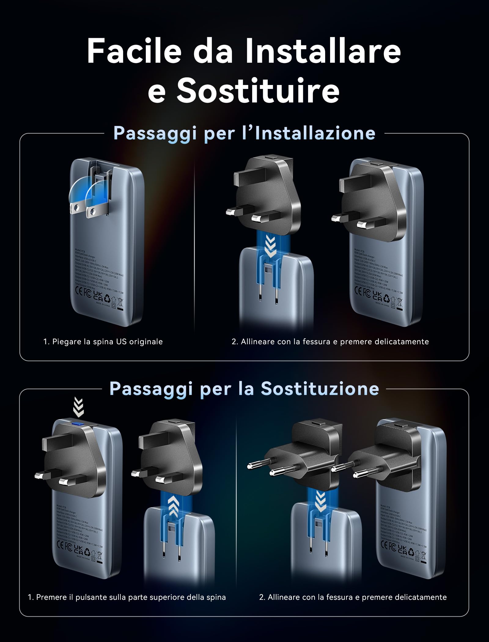 VENTION Caricatore USB C da 65 W, alimentatore GaN, 3 porte, ultra sottile, con spina EU/UK/US, caricatore da viaggio internazionale compatibile con MacBook, iPad, iPhone 16/15/14, Galaxy S25/S24