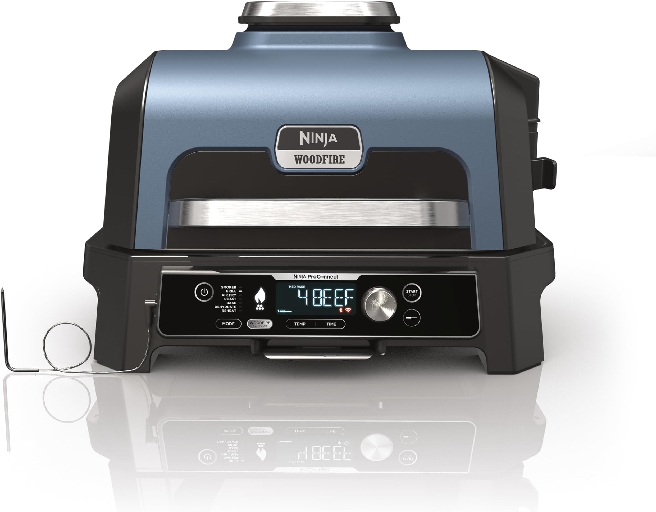 Ninja Woodfire Pro Connect XL Electric BBQ Grill and Smoker with App Control, Digital Probe, Large 7-in-1 Outdoor Grill and Air Fryer with Woodfire Pellets, Weather Resistant, Blue and Black OG901UK