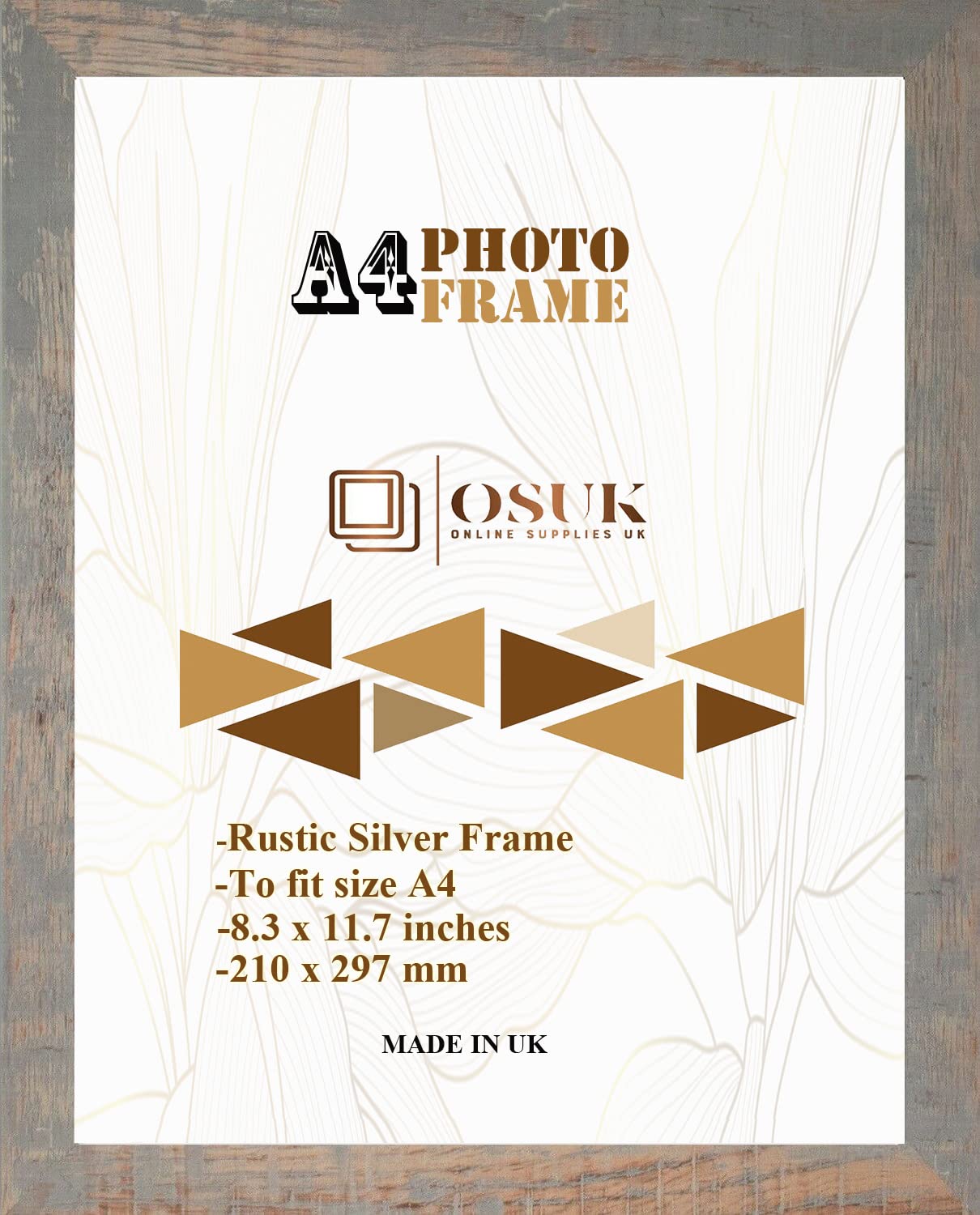 OSUK A4 Frame Rustic Silver In Size 21 x 29.7 cm Frame A4 Photo Frame with Clear Perspex Front & Wall Mounting to Hang Portrait or Landscape (Rustic Silver)