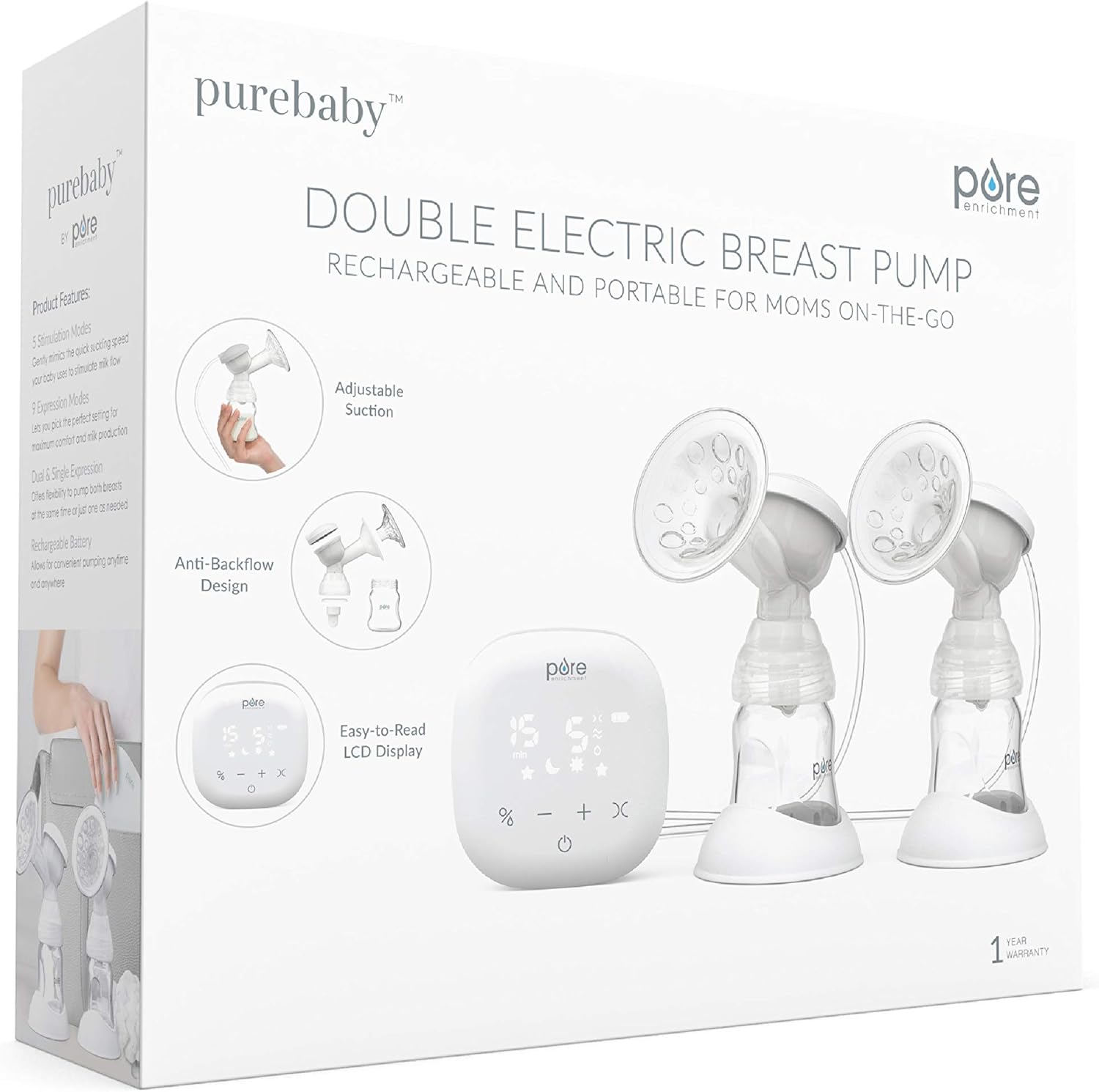 PureBaby® Double Electric Breast Pump - 5 Stimulation Modes, 9 Expression Modes, Dual or Single Expression, Adjustable Suction, Anti-Backflow Design, & Rechargeable Battery for Travel