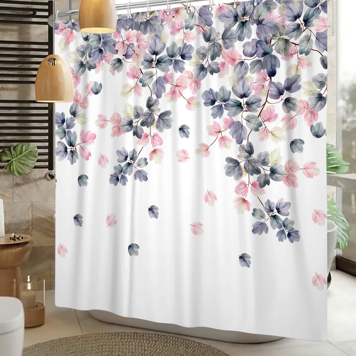 Xiaoterna Eucalyptus Leaf Shower Curtain Spring Leaves Shower Curtain Spring Botanical Bathroom Curtain Watercolor Colorful Plant Shower Curtain Machine Washable Waterproof Fabric 120x180cm - Image 2