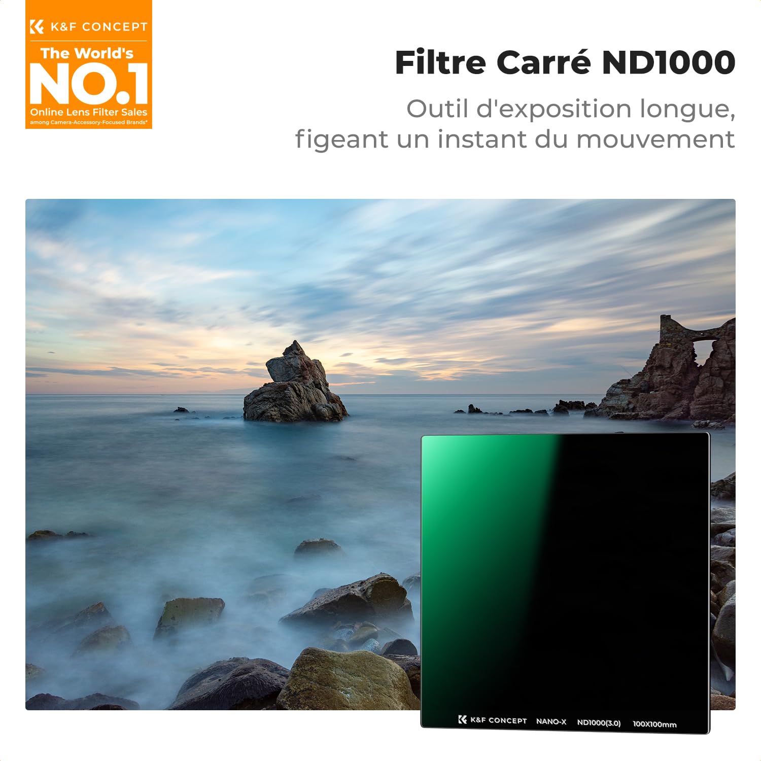 K&F Concept Filtre Carré ND1000 100x100mm 10-Stop Verre Optique avec Revêtements Nano-X 28 Couches Étui