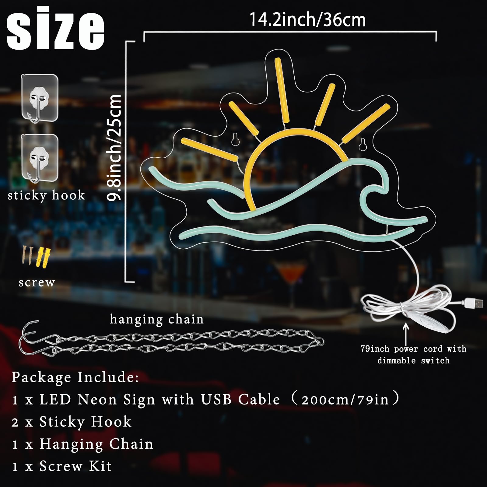 Panneau néon tropical avec lever de soleil dimmable, arbre de palme, lumière néon USB, cocotier côtier, néon LED, impression UV, mer, plage, art mural, panneaux lumineux pour la maison, bar, fête sur