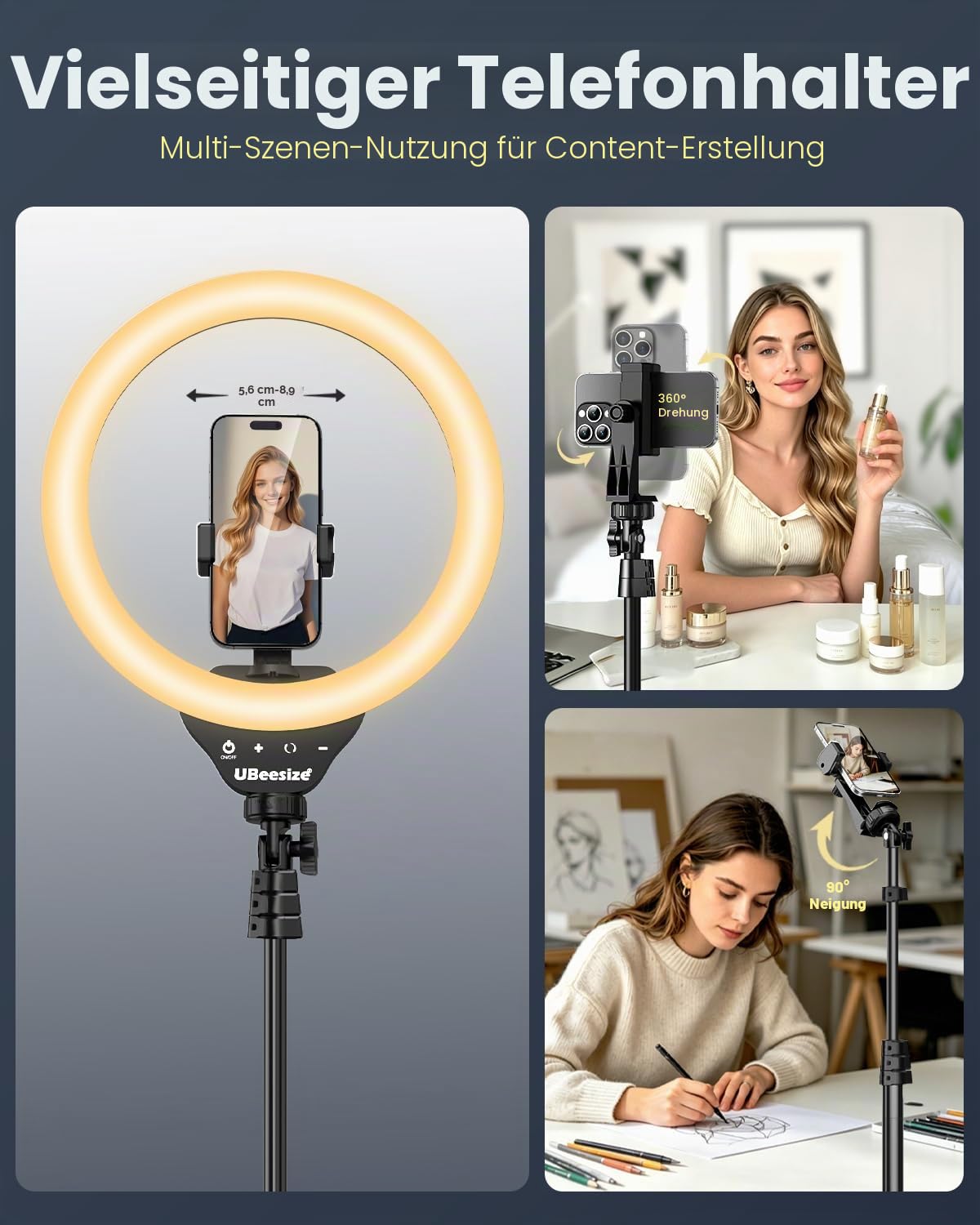 UBeesize Ringlicht mit Stativ, 12 Zoll Selfie Ringlicht mit 62 Zoll Stativ Ständer für Videoaufnahmen und Live Stream Berühren Kompatibel Handys, Kameras und Webcams