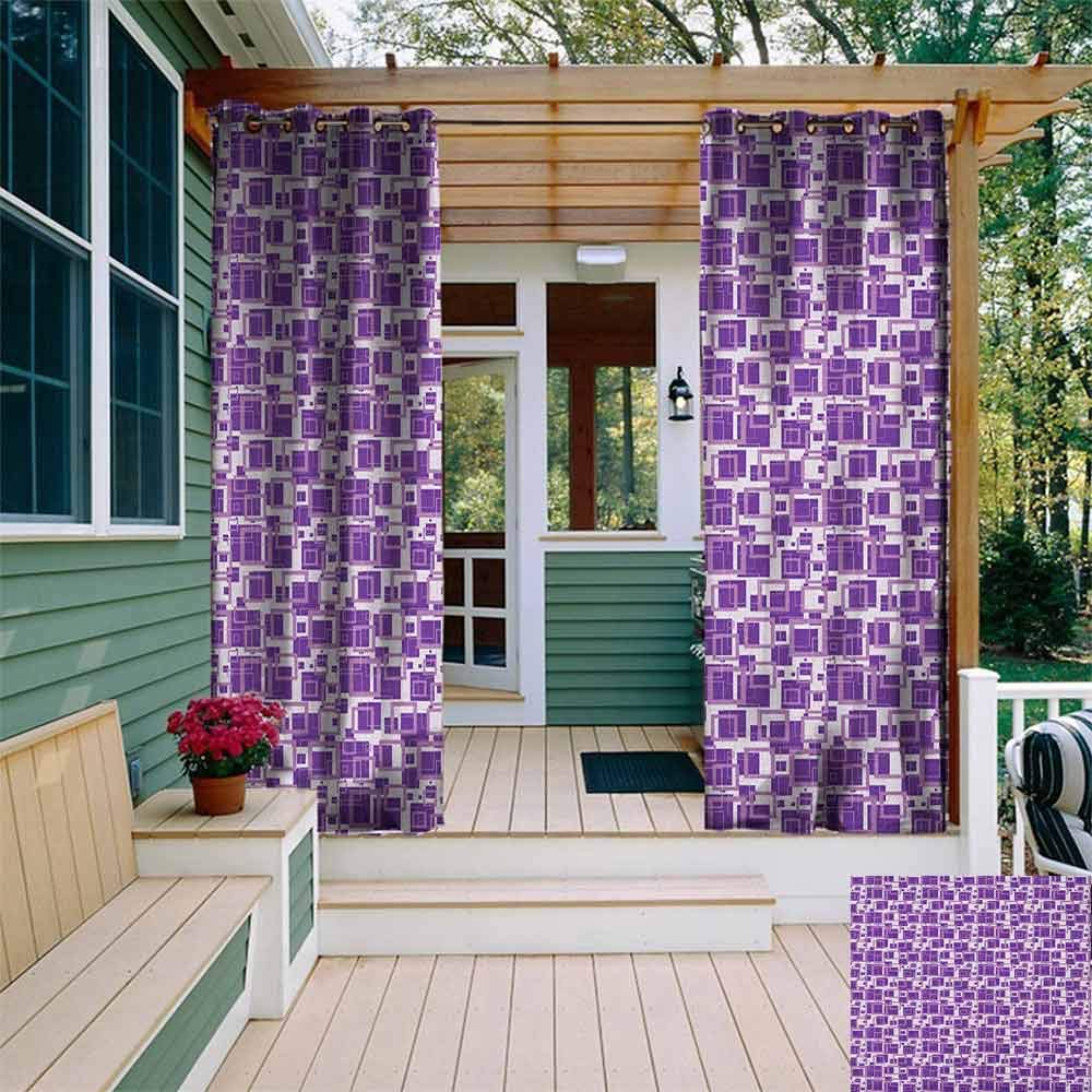 Outdoor Curtains Geometric Composition with Squares in Purple Shades Funky Retro Style Tile Pattern Waterproof Patio Door Panel W108"x L84" Purple Mauve White