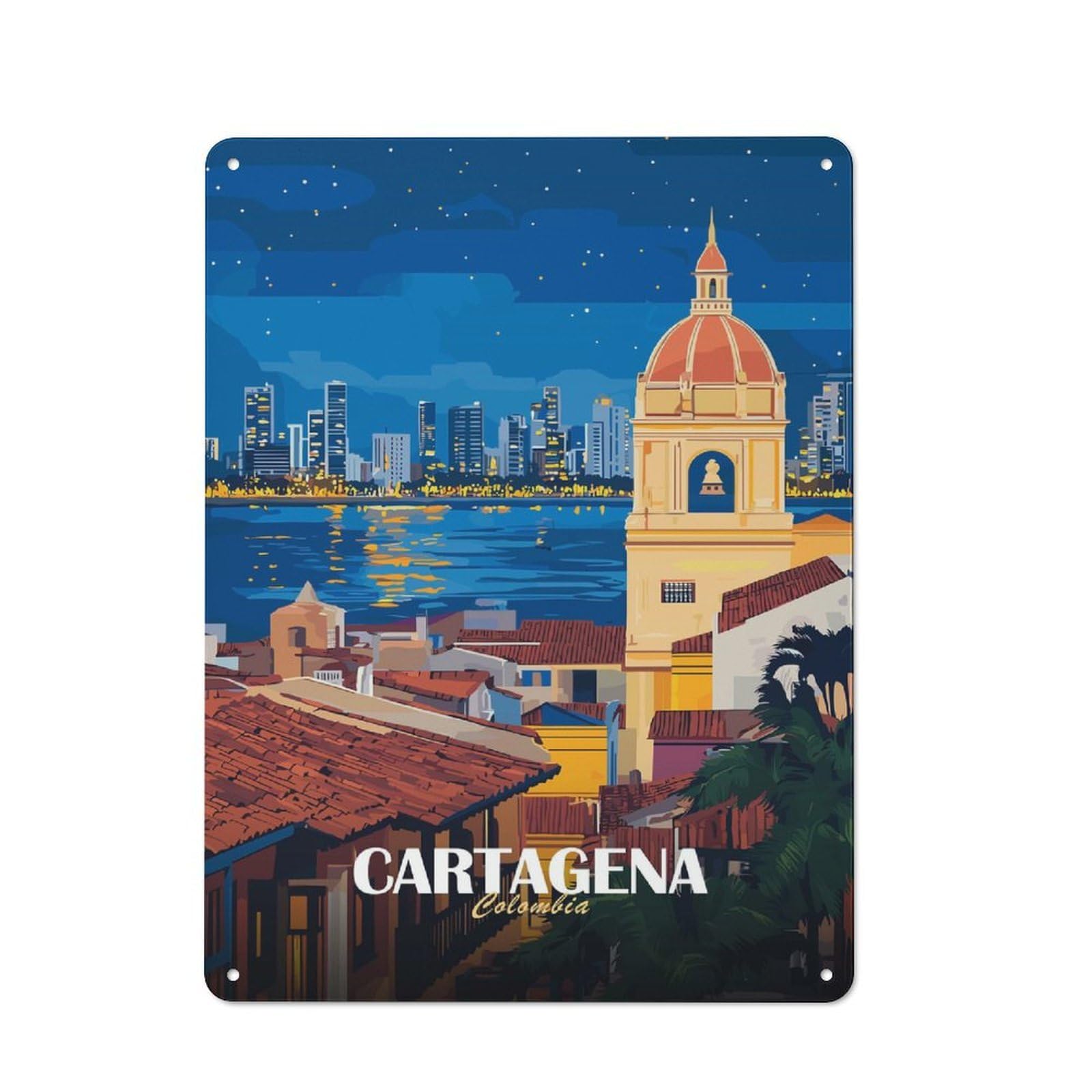 Junmoney Cartagena Colombia Cityscape At Night Metal Wall Sign 40X30cm Featuring For Pub Or Café, For Pub Decor Enthusiasts, For Retro Home Interiors