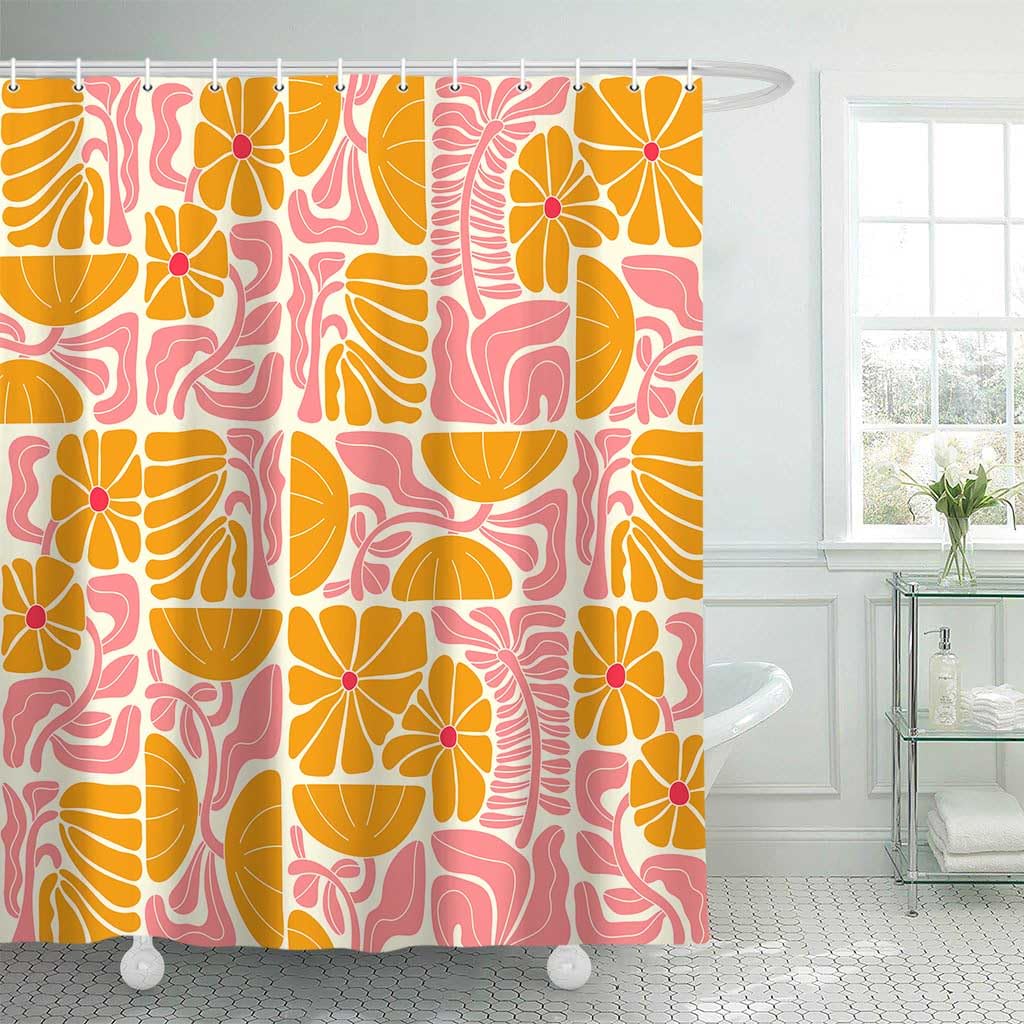 DeeCabin Boho Abstract Colorful Floral Shower Curtain, Vintage Retro Patchwork Orange Pink Flower Botanical Geometric Aesthetic Groovy Bathroom Decor