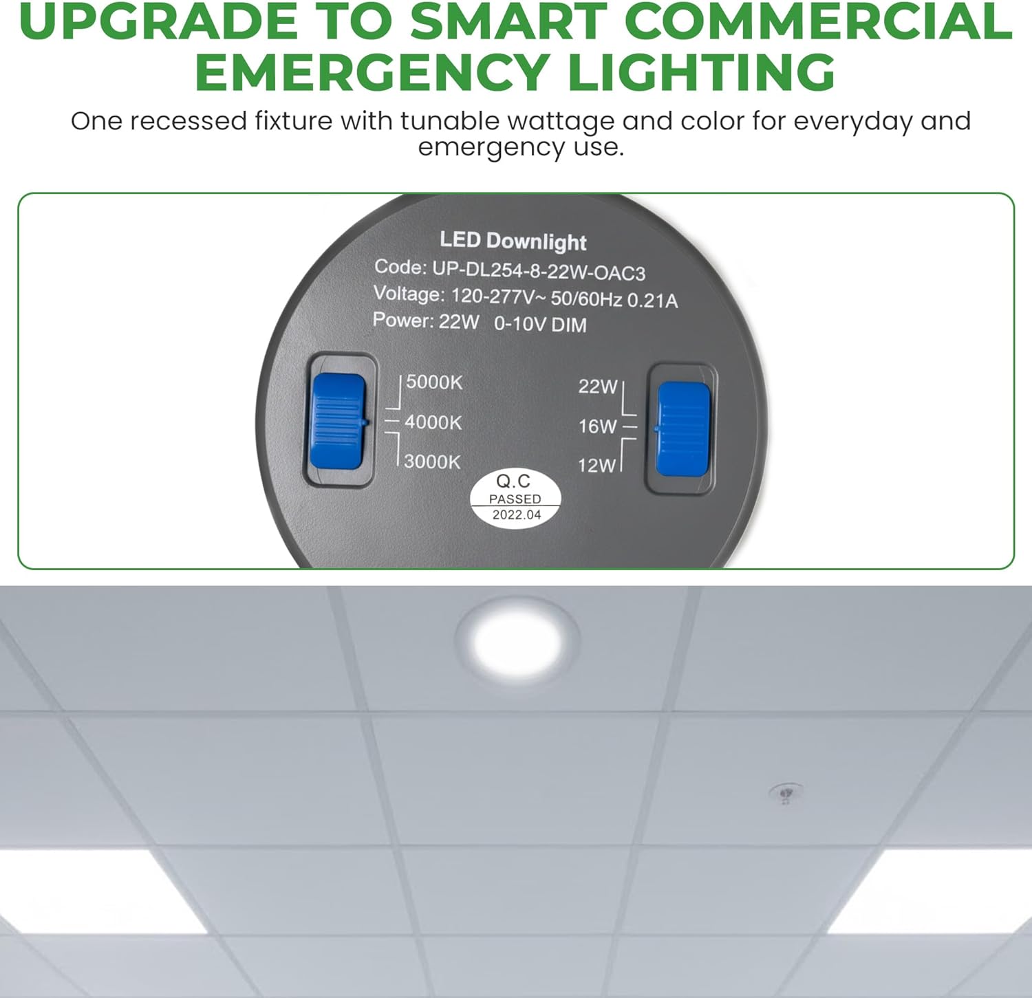 E2 LIGHTING 8 Inch Recessed Light with Battery Backup, Commercial LED Downlight, 3 CCT & Wattage Tunable, Dimmable Ceiling Light Fixture for Office, Business, Indoor Spaces (8 Inch w/Battery, 2 Pack)