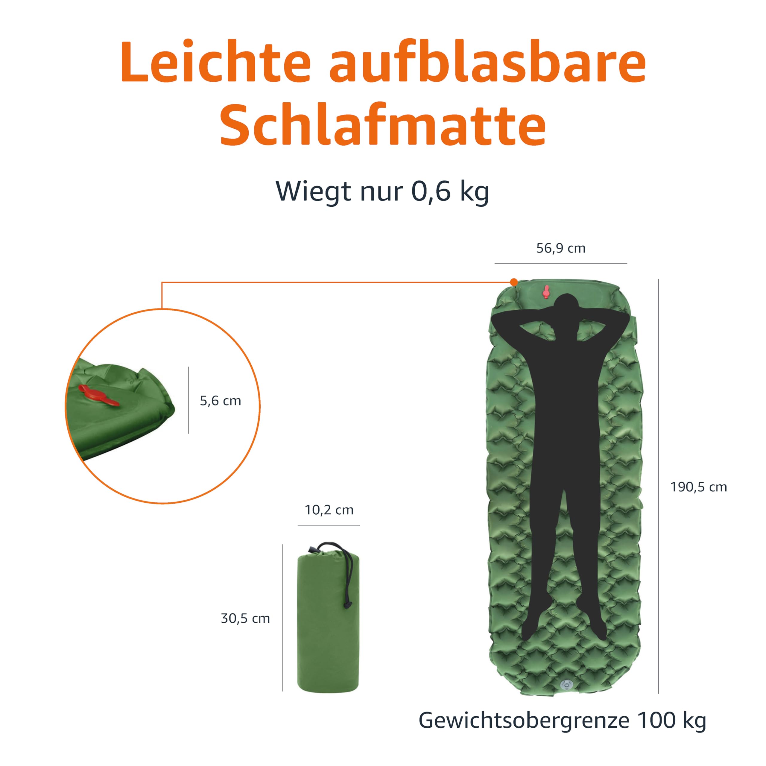 Amazon Basics Camping-Isomatte, leicht, wasserdicht, mit Fußpumpe, 5,6 cm dick, Olivgrün, M