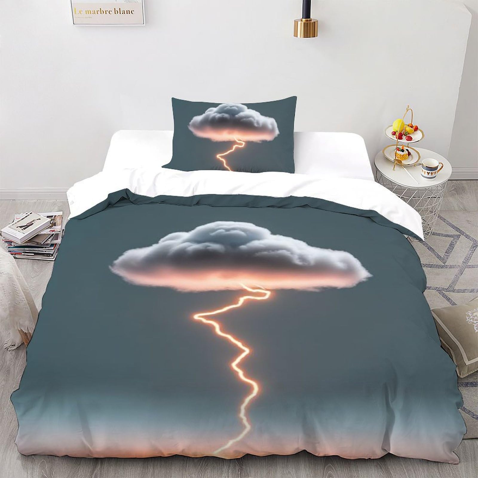 Housse de couette single imprimé 3D dark nuages météo microfibre avec taie d'oreiller