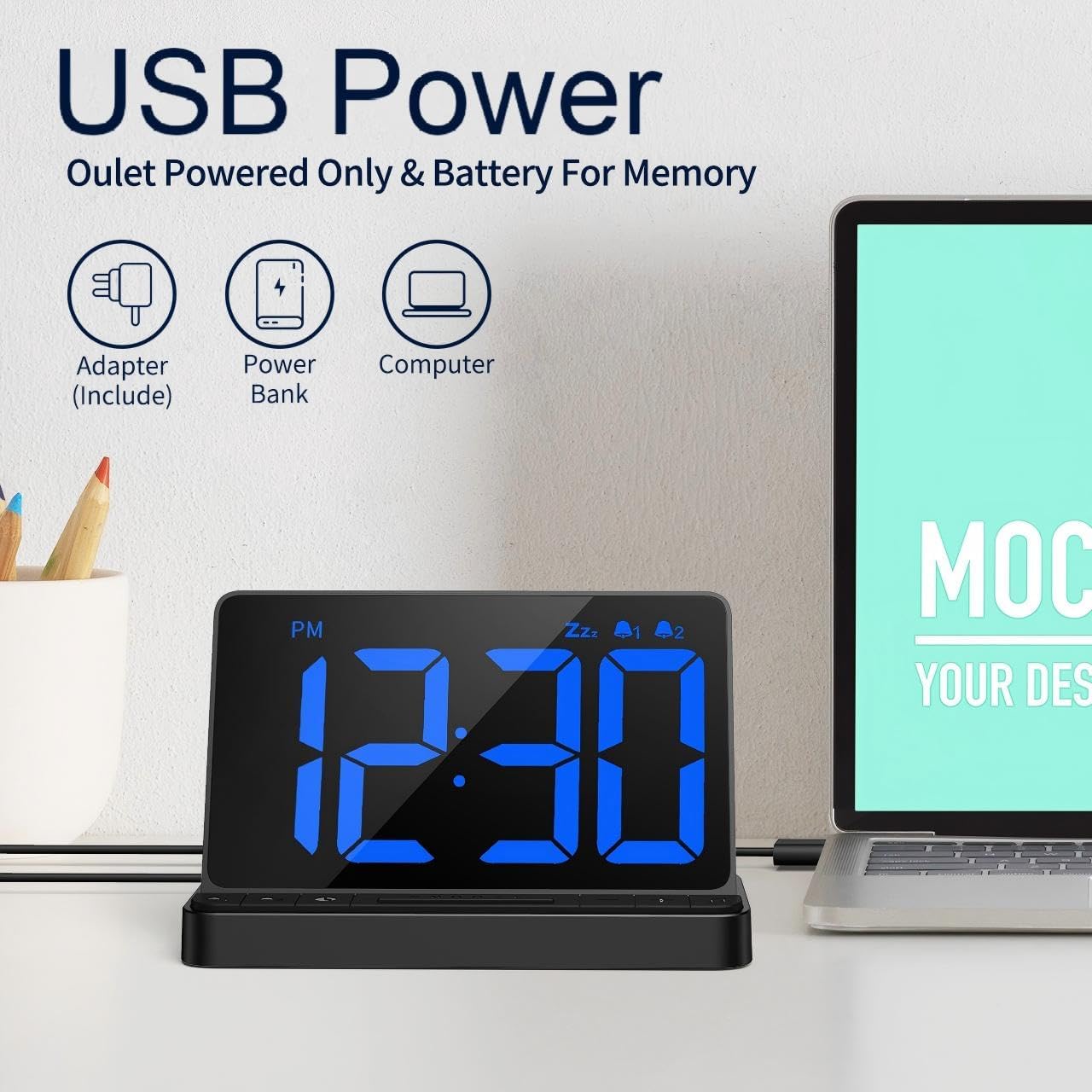 Image showing the NOKLEAD Digital Alarm Clock powered via USB, with options for adapter, power bank, or computer connection. The display shows 12:30 PM.