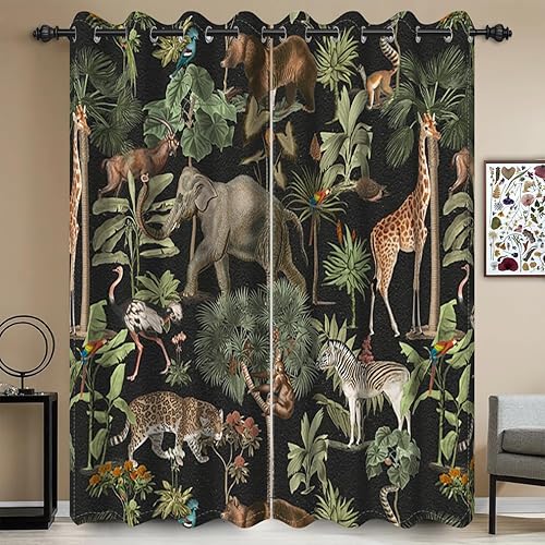 Miniatura 2 de Umpoo Cortinas opacas de 42 x 84 pulgadas diseño de animales de la selva vida silvestre elefante jirafa safari salvaje bosque verde para sala de