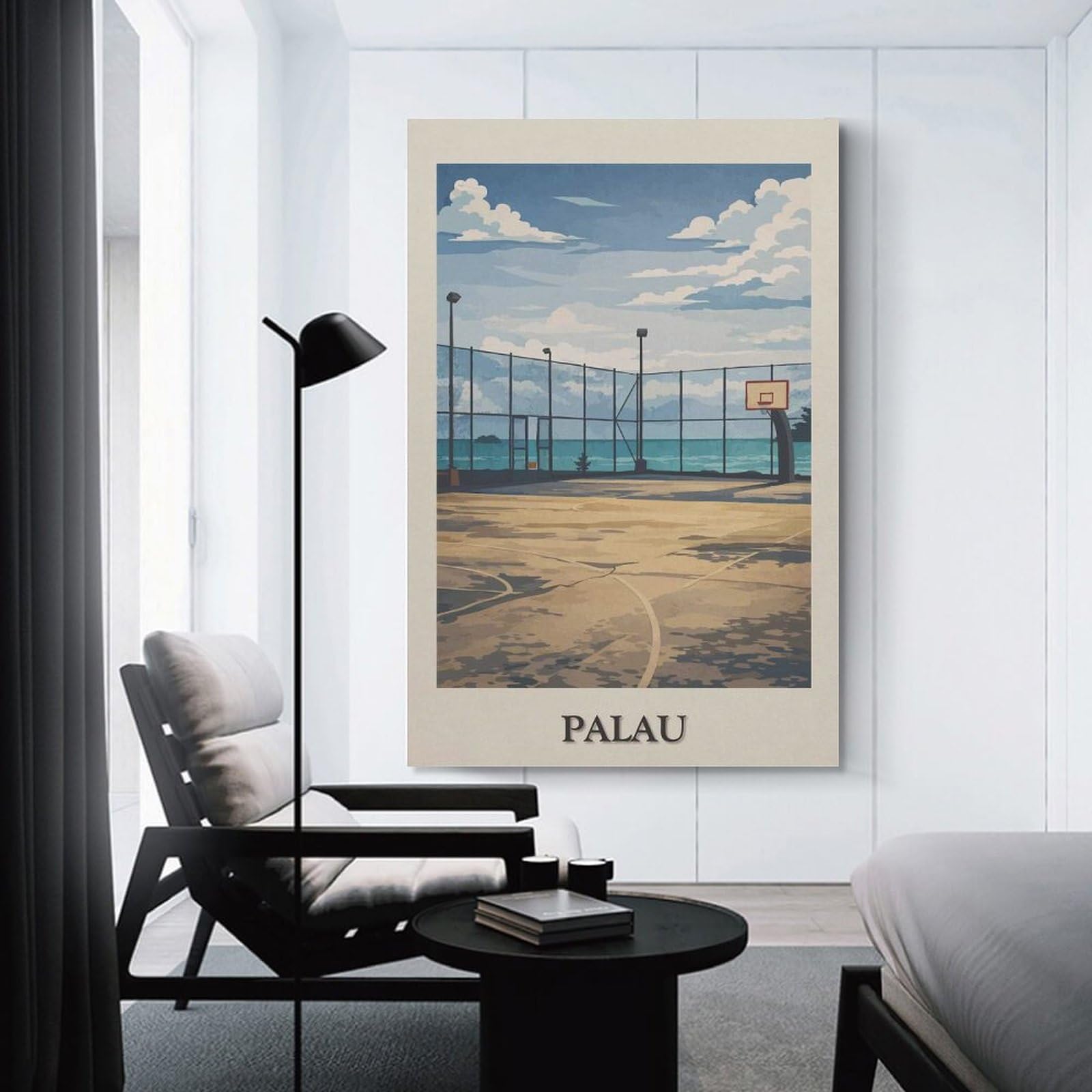 Junmoney Palau Basketball Court by The Sea Home Decor Wall Art, 16x24inch(40x60cm), for Apartment Walls, Studios Or Work Areas, Wall Decor with Flexible Room Appeal