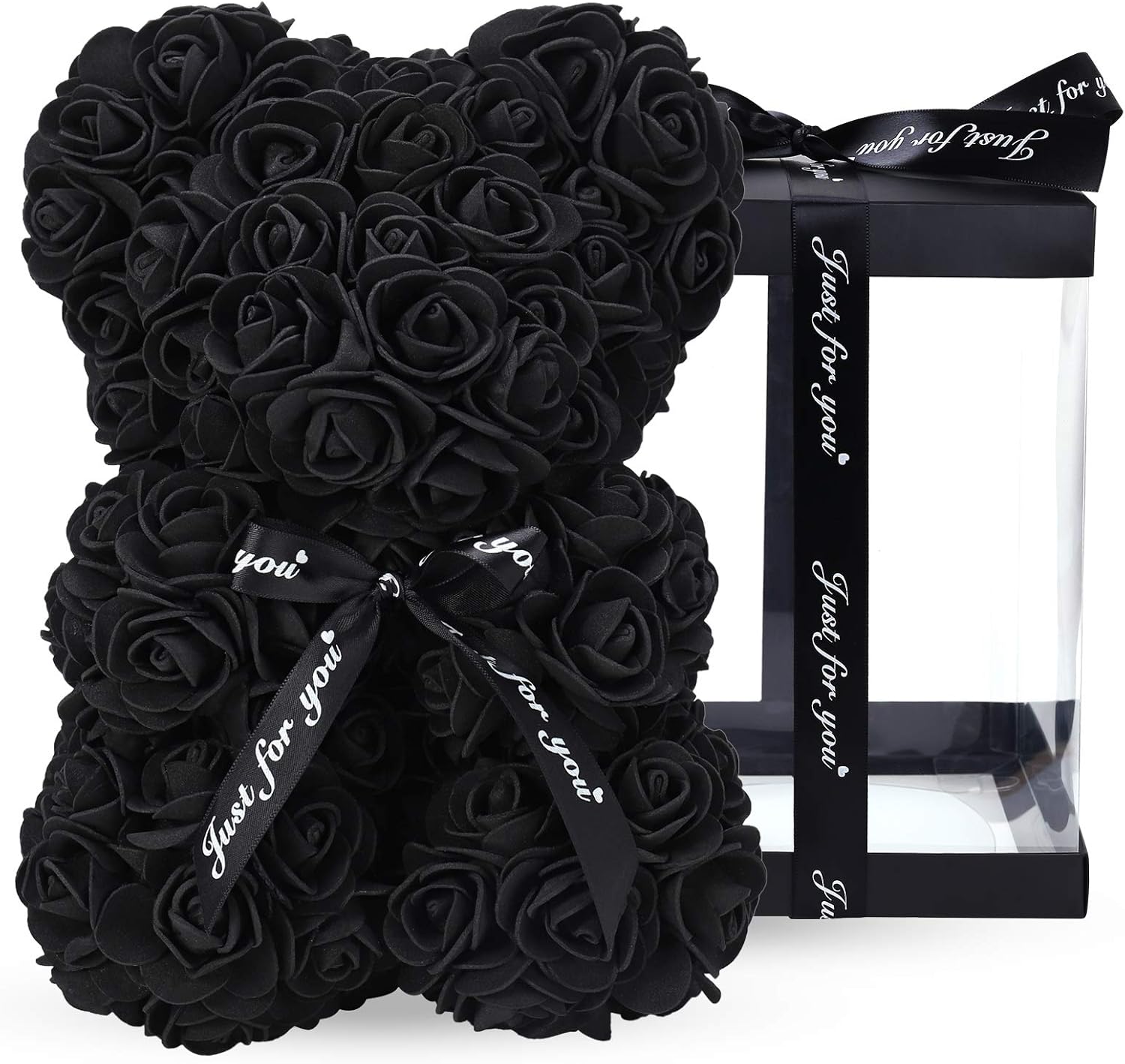 LINKLO Rose Bear Rose Teddy Bear -10 inch Artificial Rose Flower Bear, Gift for Wedding, Mothers Day and Anniversary, Including Transparent Gift Box (Black) - Image 3