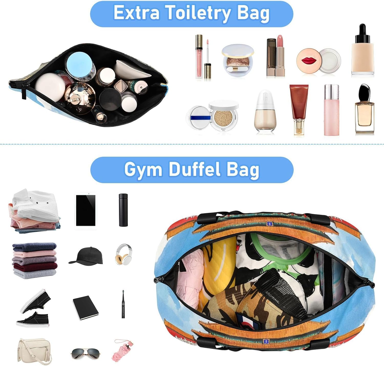 Ancient China Cartoon Tote Bag Gym Sports Carry with Toiletry Bag for Airplane Traveling Waterproof