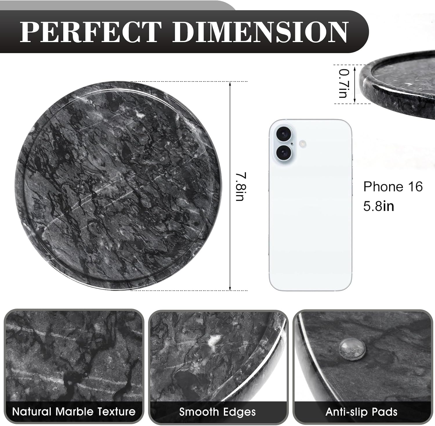 Natural Round Marble Tray - 7.8" Marble Vanity Tray for Dresser, Bathroom, Decorative Jewelry Dish for Perfumes Rings Earrings Necklaces, Stone Tray for Home Décor, Black