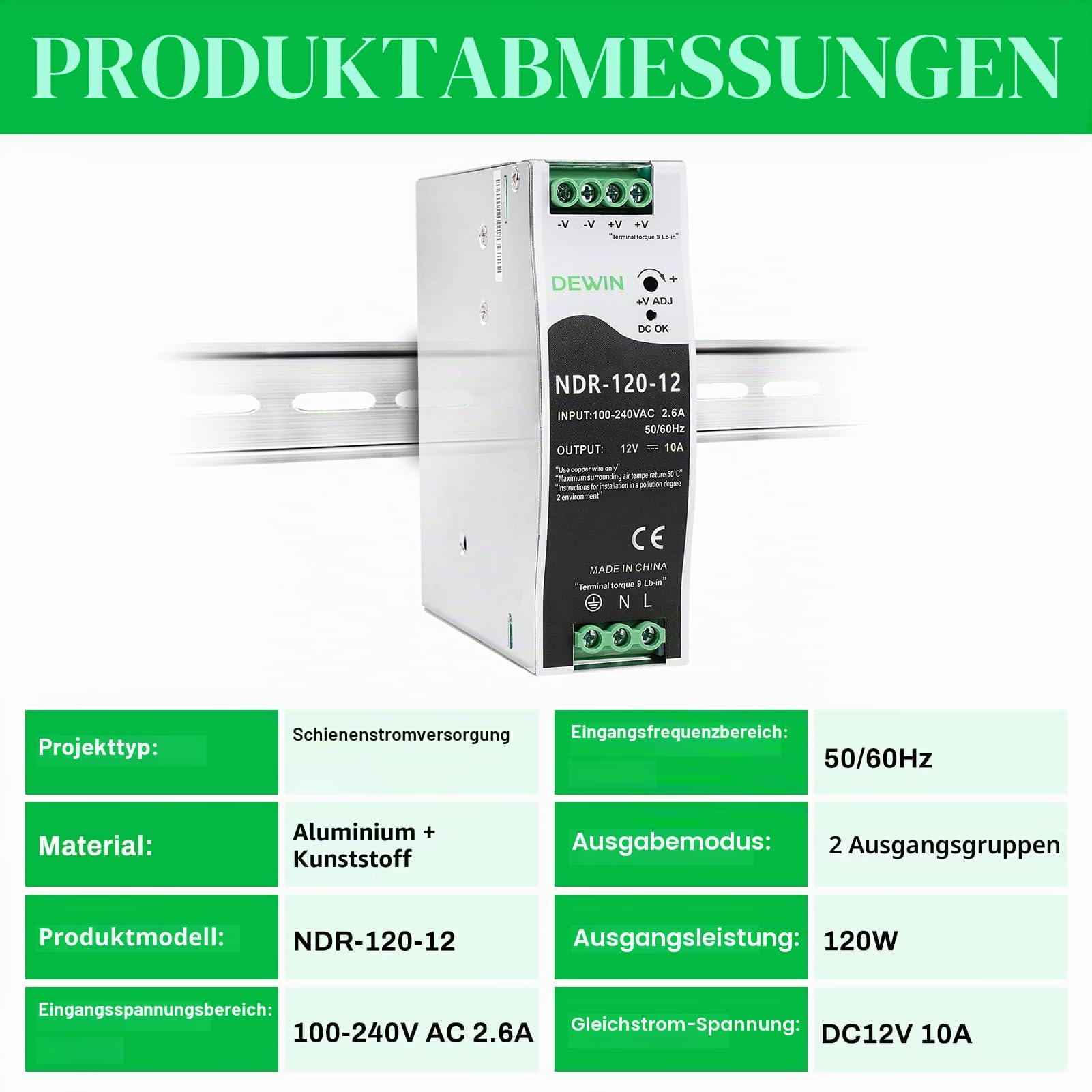 120W 10A 12V Netzteil Hutschiene, Din Rail Power Supply mit Überspannungs, Überlast, Kurzschlussschutz usw. Eingang AC 100-240V 2.6A, Ausgang DC 12V 10A