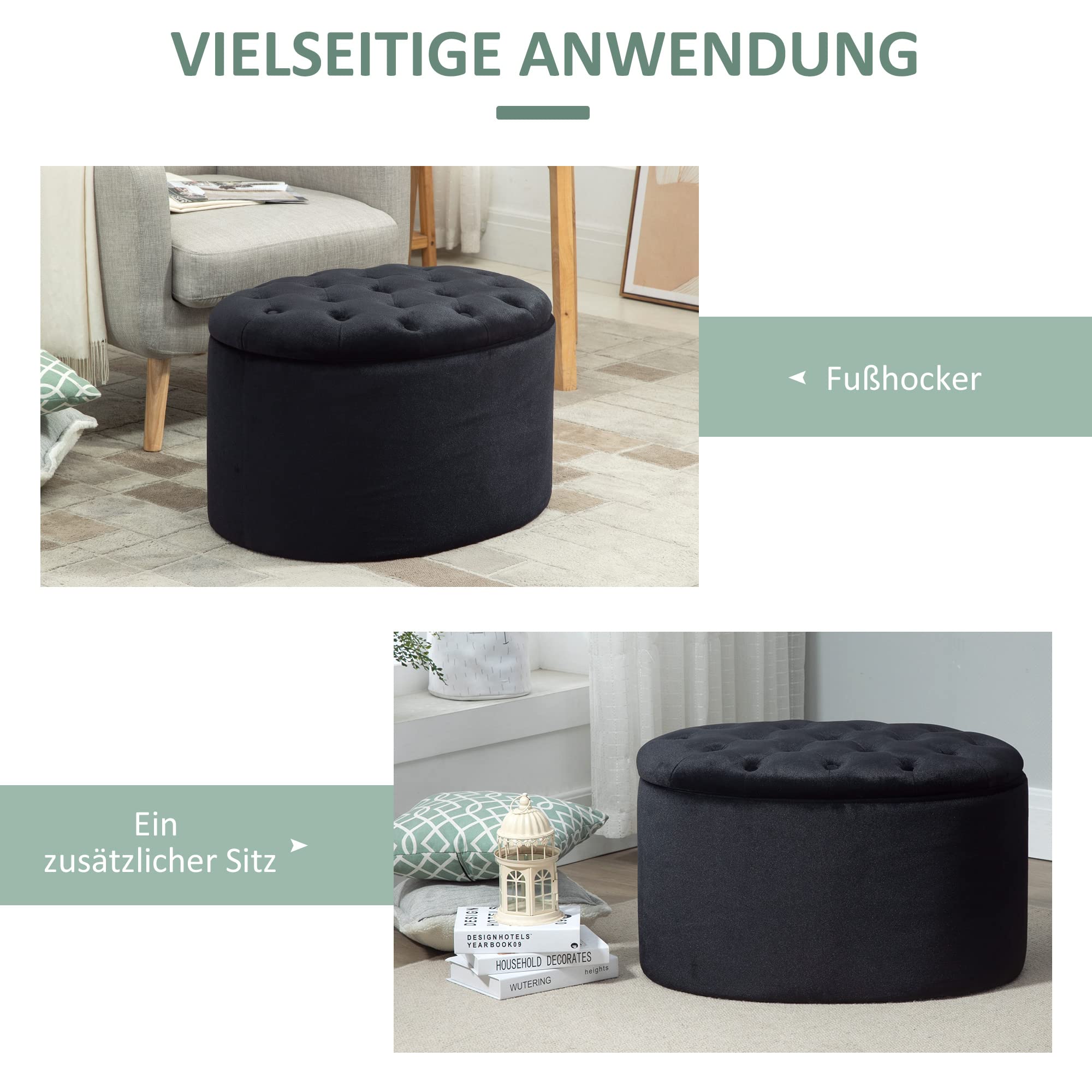 HOMCOM Sitzbank Polsterbank mit Stauraum Truhenbank Ovale Form Flur Schlafzimmer Wohnzimmer samtartiges Polyester Schwarz 71 x 52 x 42 cm