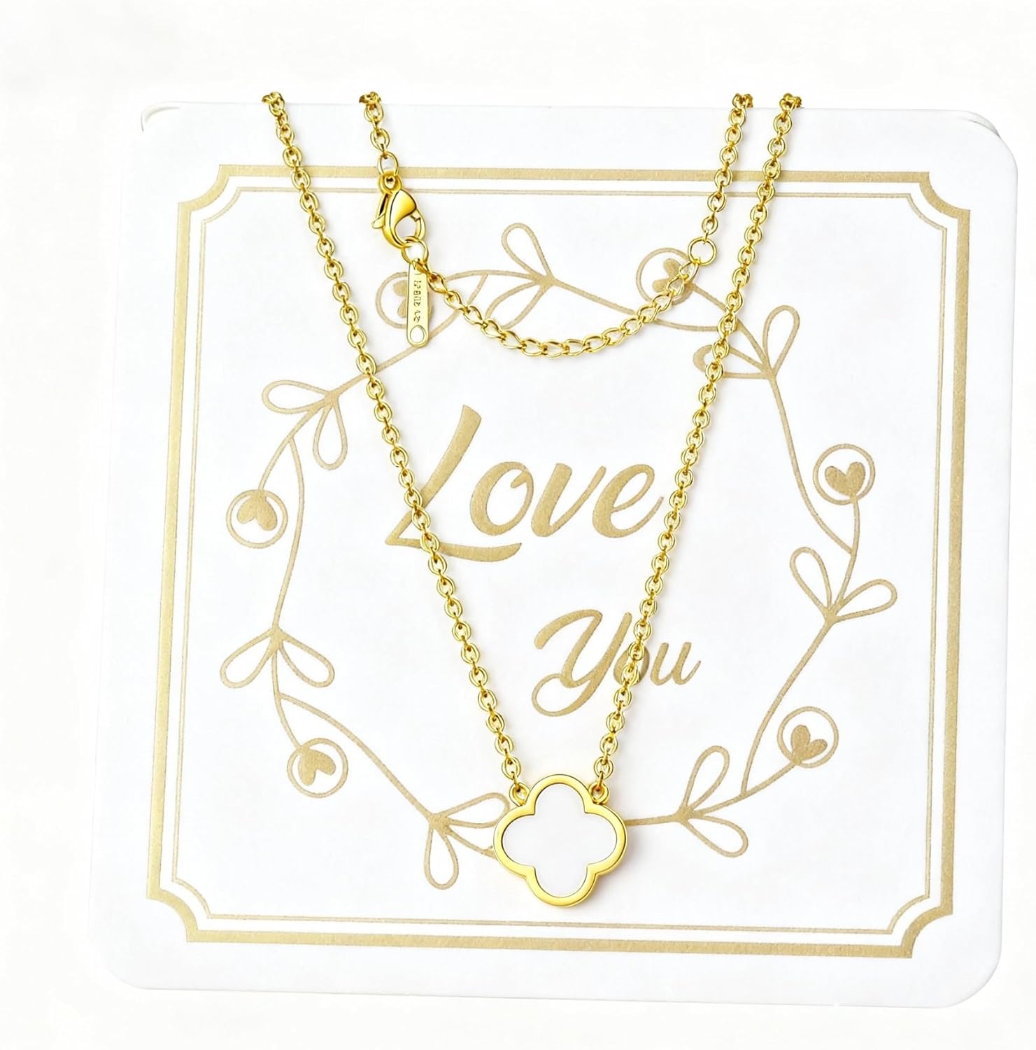Four Leaf Clover Necklace 18K Gold Plated Lucky Clover Necklace for Women White Flower Lucky Pendant Dainty Jewelry Gifts Trendy Valentine's Day Wedding Gifts for Women-Love You Card