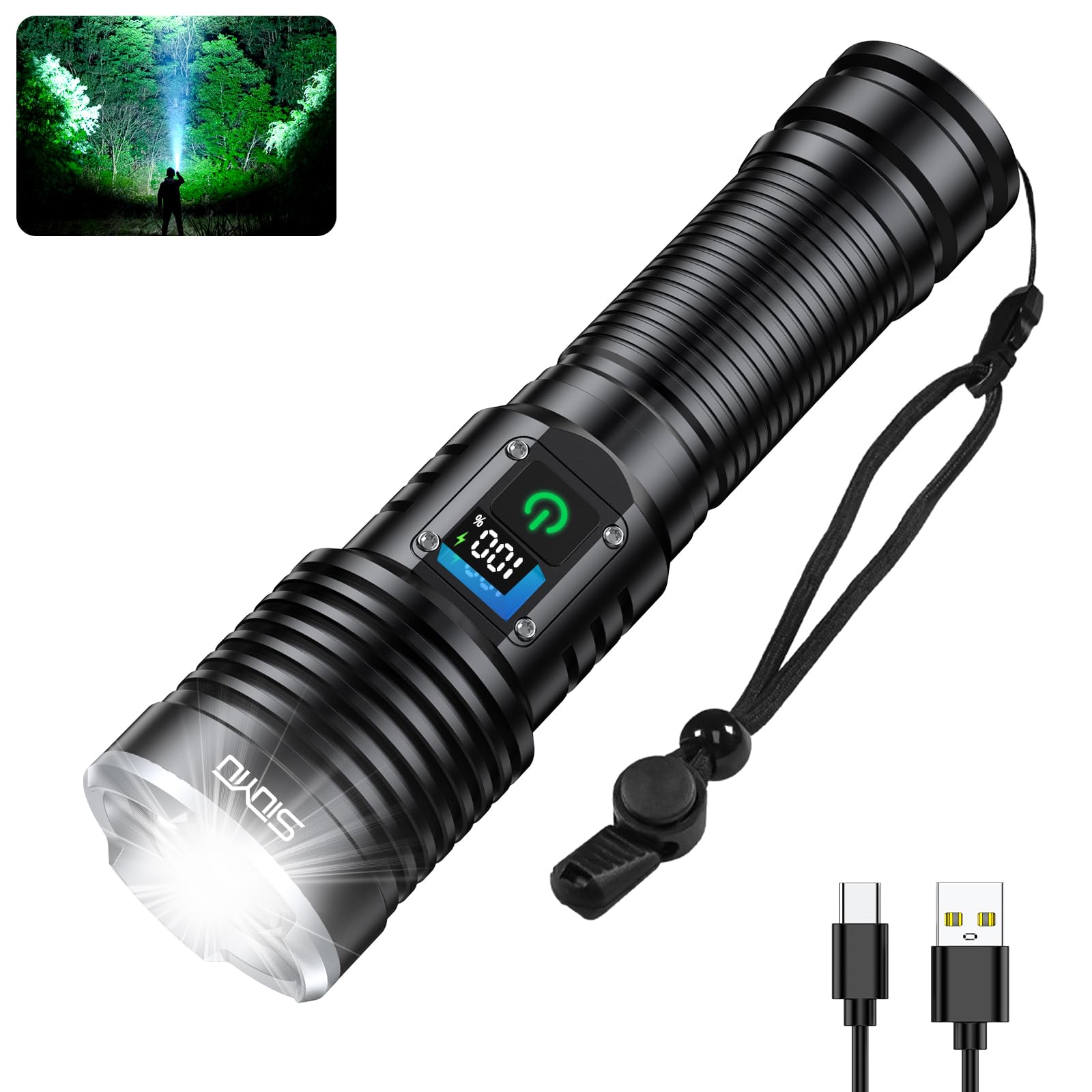 Rechargeable Tactical Flashlight, 200000 Lumen Brightest High Lumens Flashlights, 5 Modes, Waterproof Function, Flashlights High Lumens Suitable for Outdoor Activities Such as Camping, Hiking