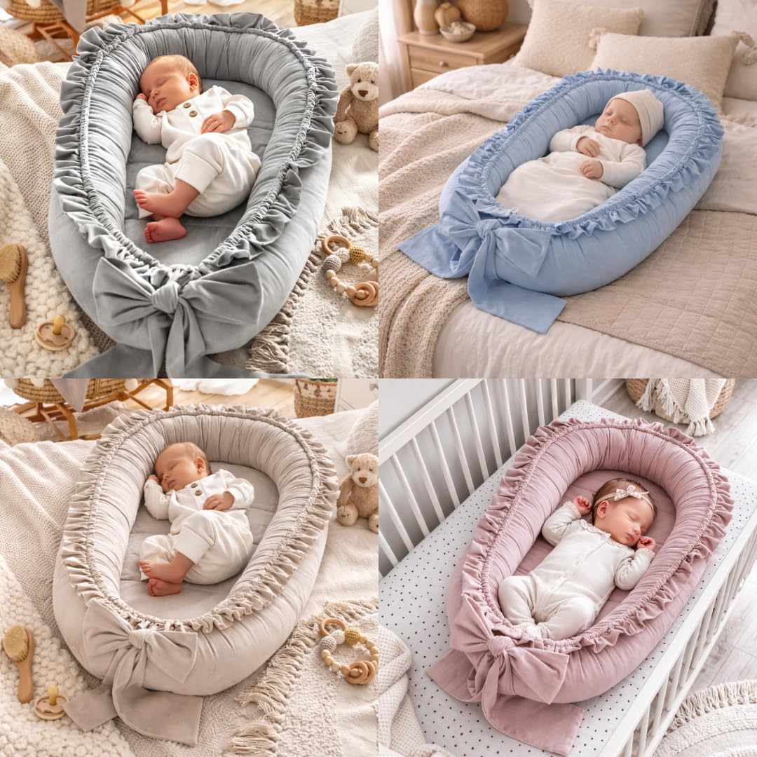 Babynestchen Neugeborene – Babynest Velvet – Nestchen Baby für Babybett & Kinderbett – Babykokon Tragbar – OEKO-TEX zertifiziert – Zubehör Babybett – Sand Velvet