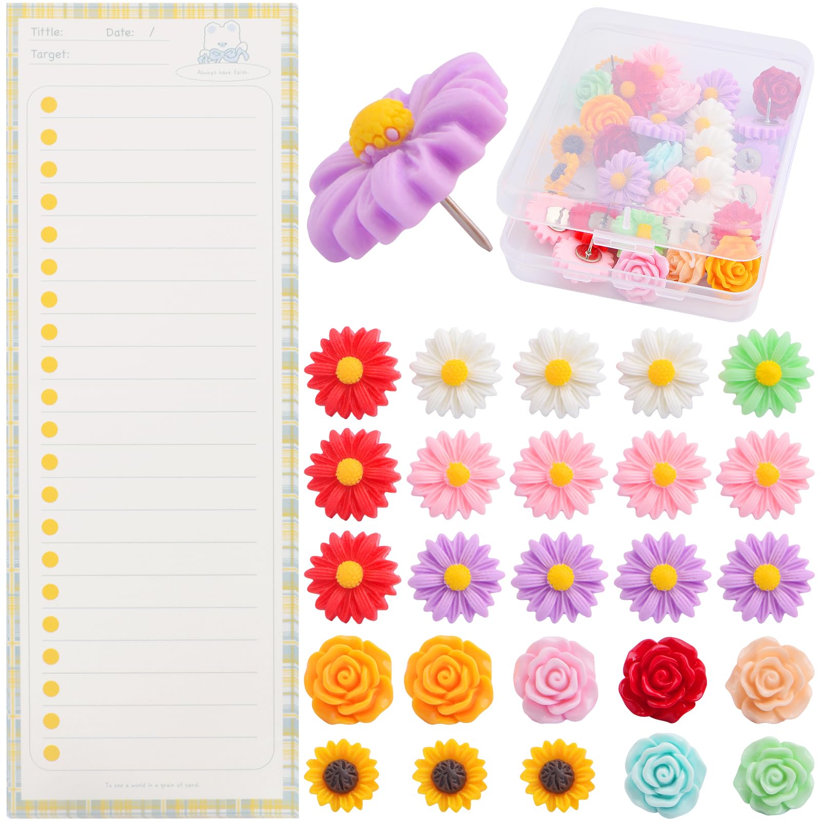 30pcs Colorful Flower Thumbtacks Pushpins Mixed Daisy Rose Floret Decorative Pin Tacks with a Box and 50 Sheets Yellow Long Notepads for Bulletin Board, Cork Board, Photo Wall, Home Office