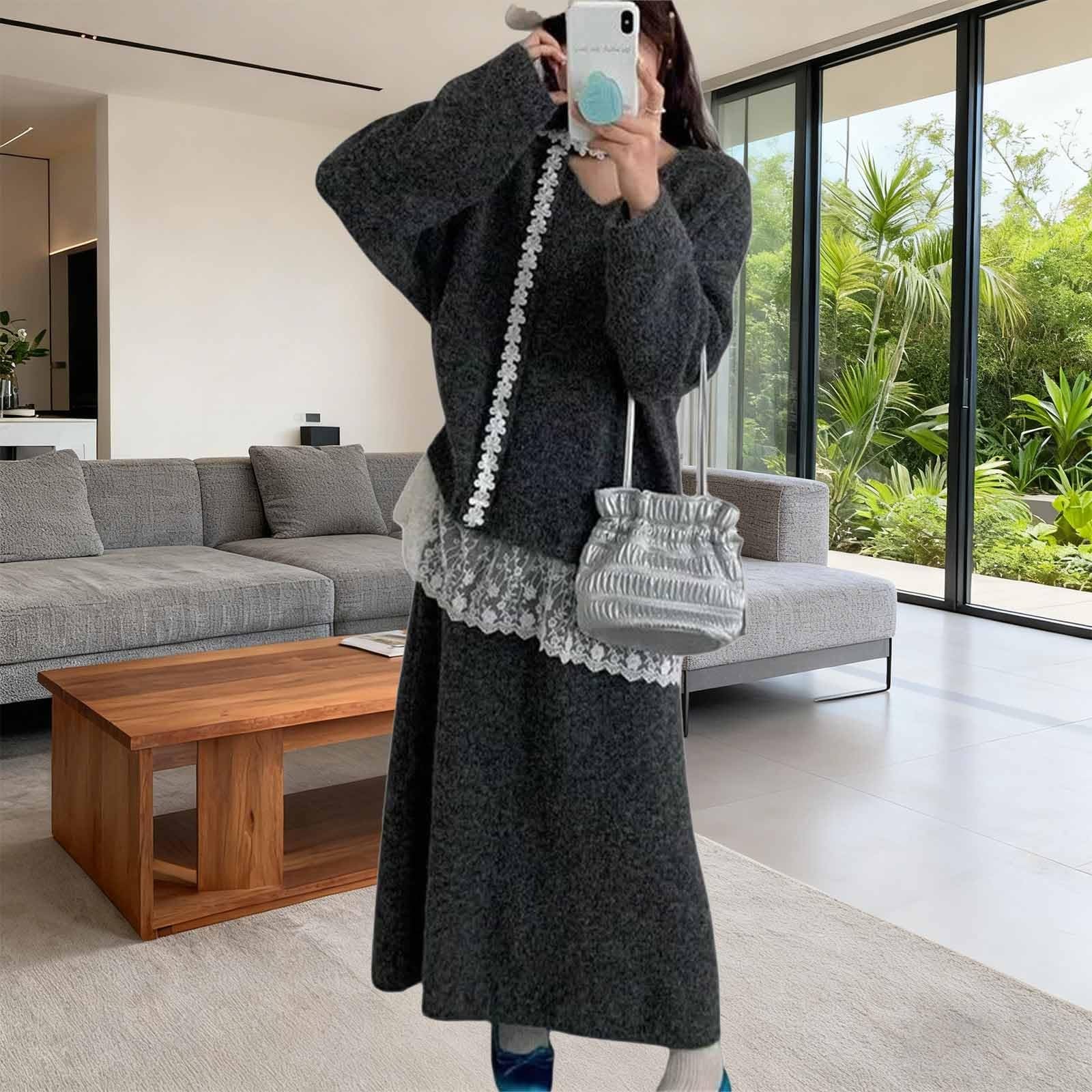 Elegante conjunto de suéter de punto y falda larga para temporada otoño invierno atuendo informal femenino