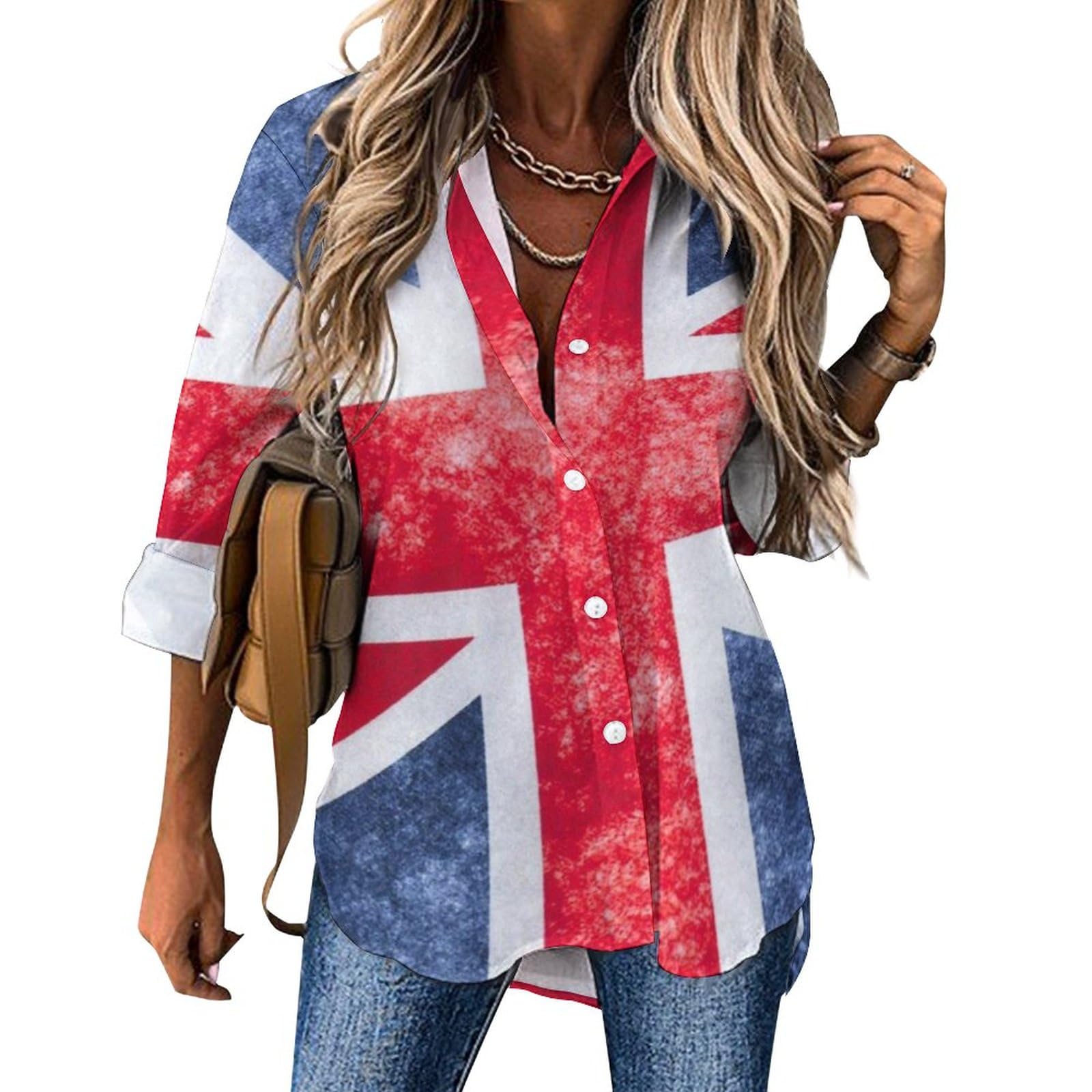 Qjjinxior Womens Blouse, Vintage Union Jack British Flag Long Sleeve Shirt, Button Down Shirt for Work Party